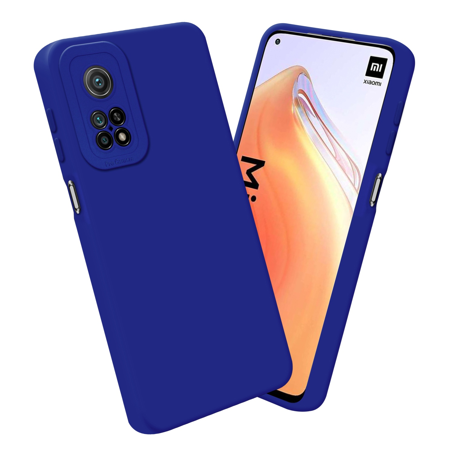 Coque de téléphone bleue avec un téléphone à l'intérieur. La coque a une protection d'appareil photo et l'écran est visible.
