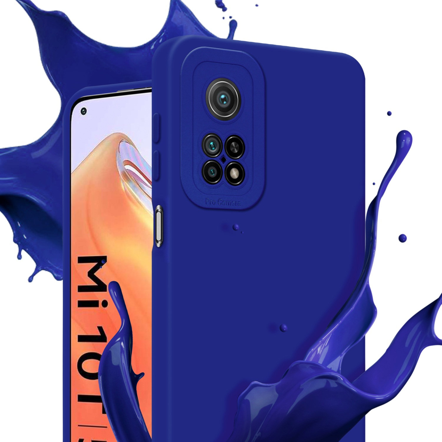 Coque de téléphone bleue avec smartphone. Éclaboussure de peinture bleue en arrière-plan. Le téléphone est visible.