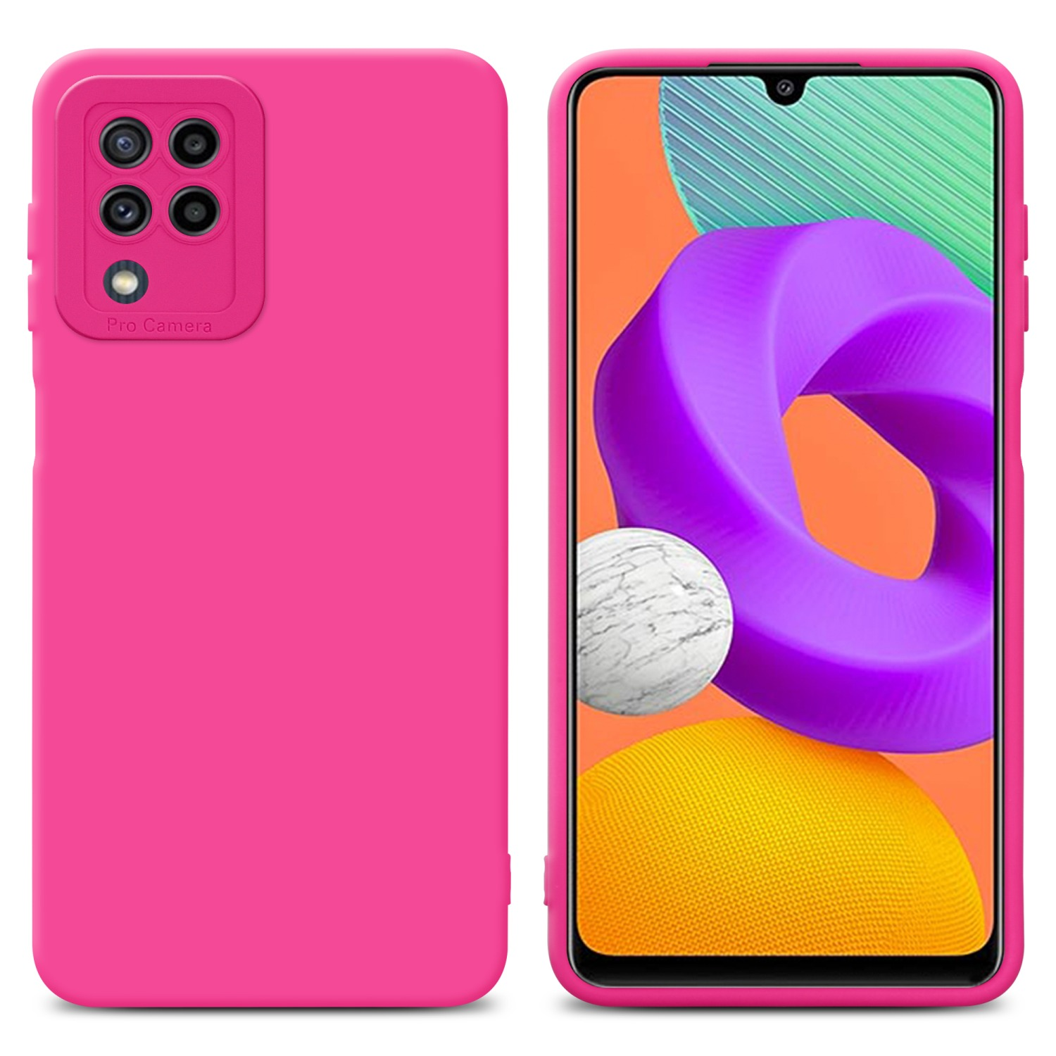 Custodia per telefono rosa e telefono con display colorato. La custodia ha una fotocamera.
