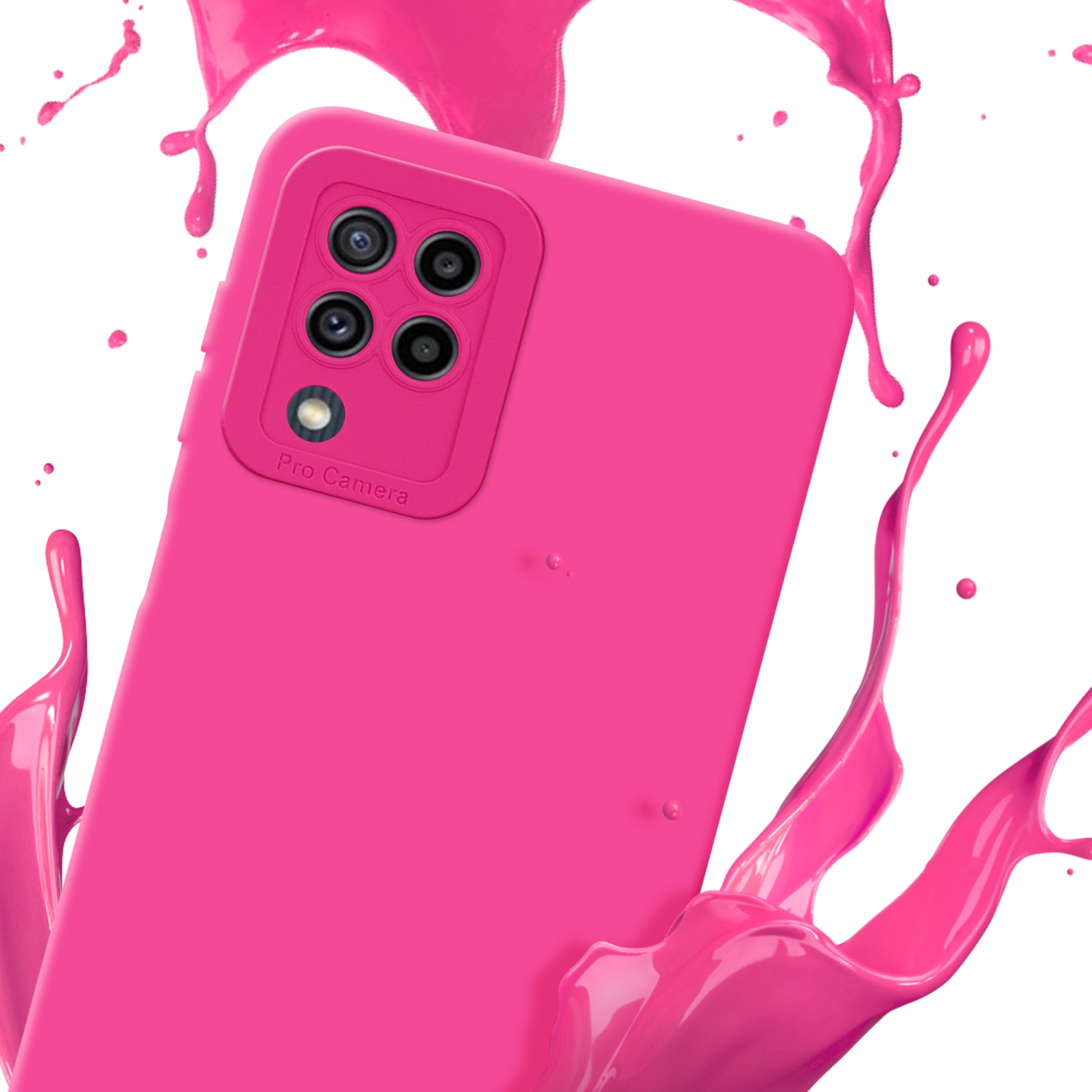 Una custodia per telefono rosa con dettagli della fotocamera, circondata da schizzi rosa. Sfondo bianco.