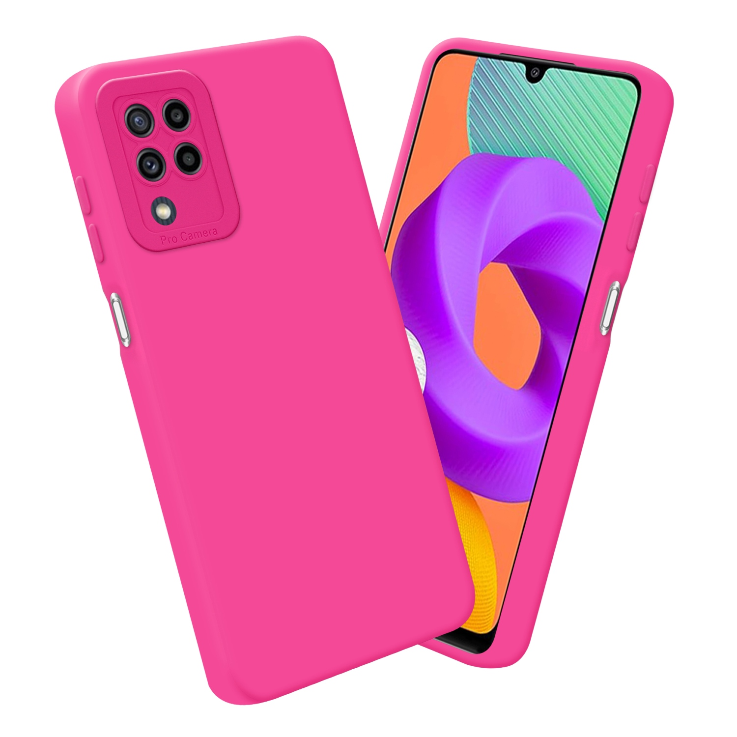 Custodia rosa con telefono su sfondo bianco. Schermo con design colorato.