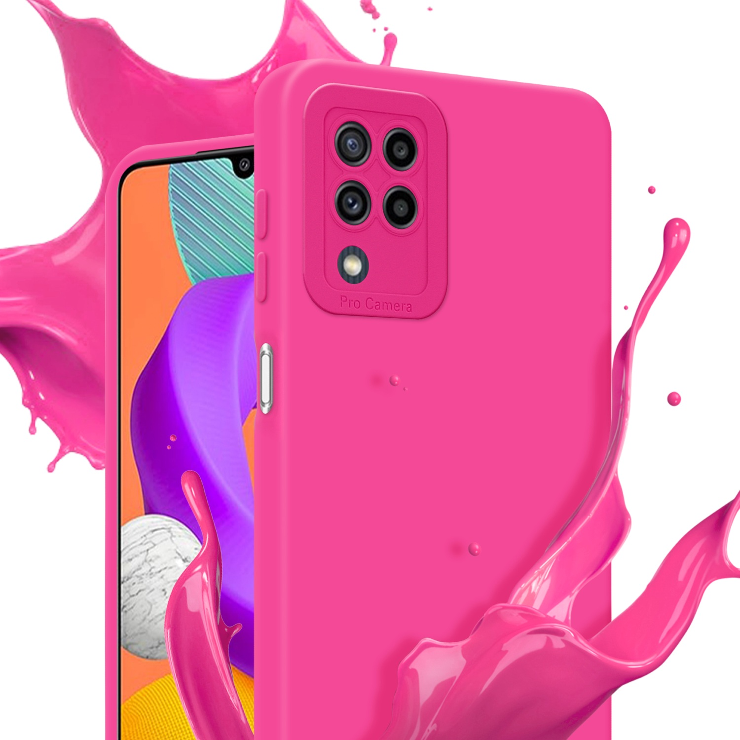 Custodia rosa con schizzo di vernice rosa. Telefono con schermo arancione.
