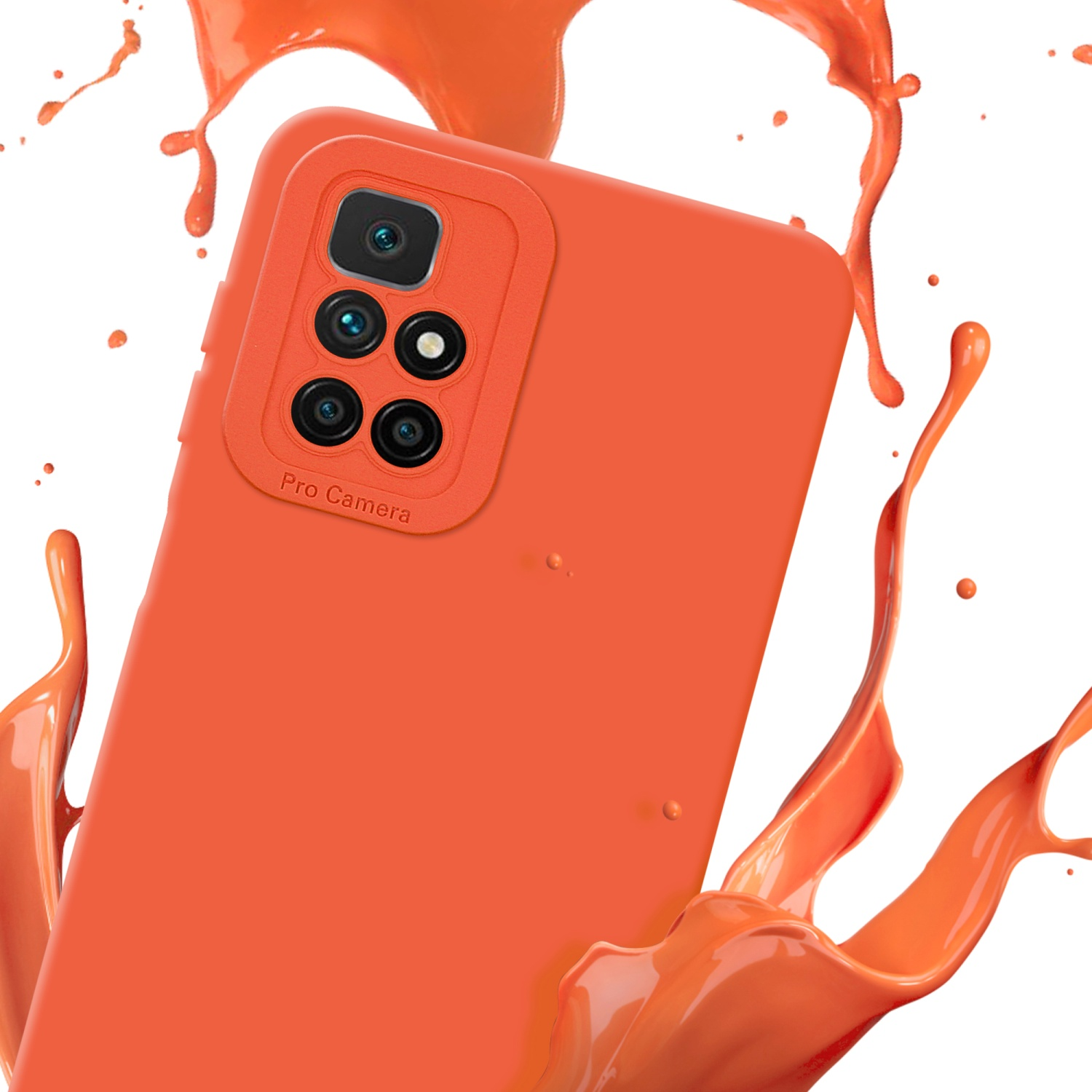 Coque orange avec plusieurs caméras. Effet éclaboussure autour.