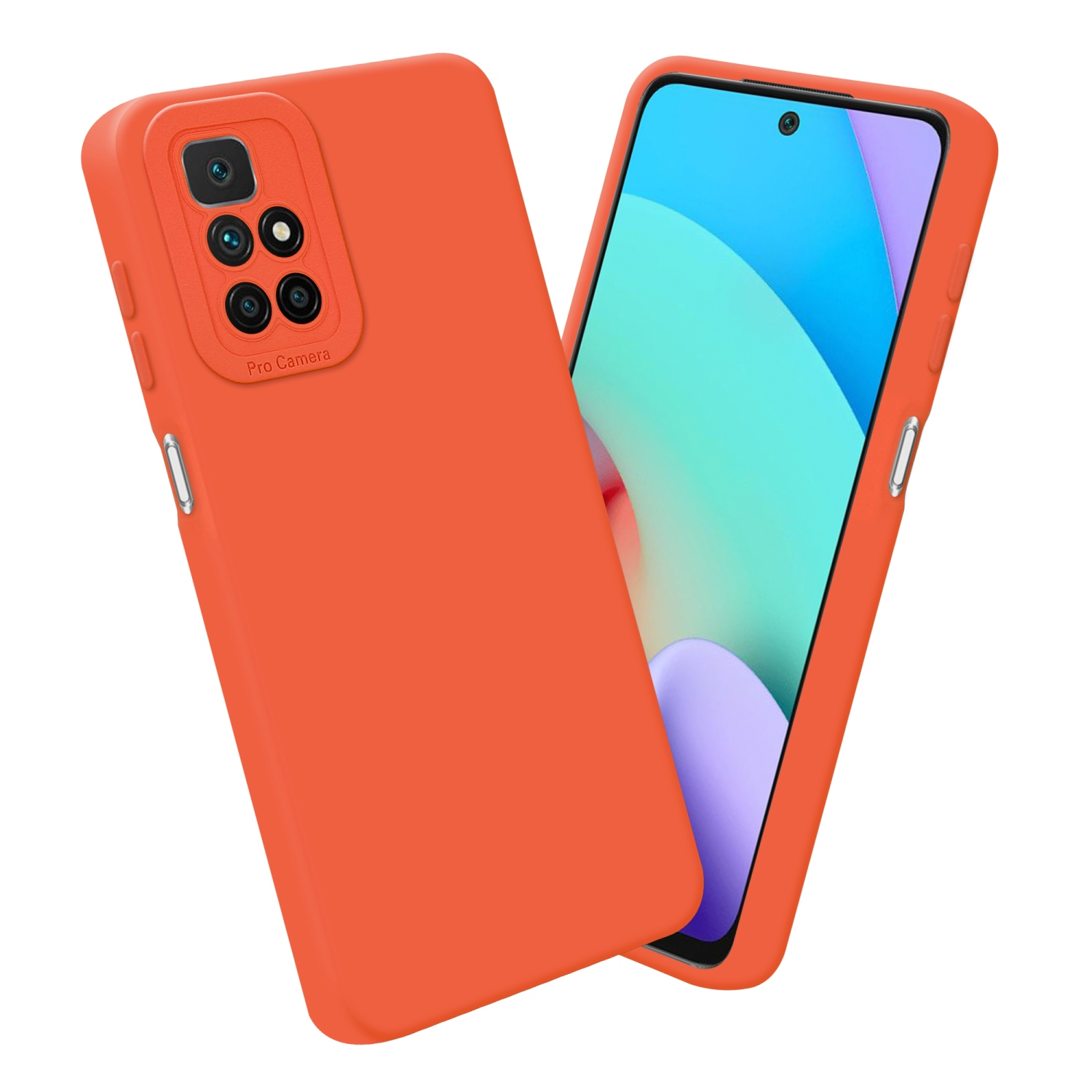 Coque et téléphone orange. Écran avec image bleue et blanche.