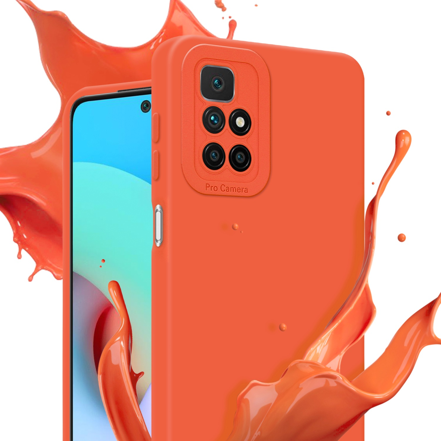 Coque de téléphone orange avec découpe caméra. Effet éclaboussure orange. Fond blanc.