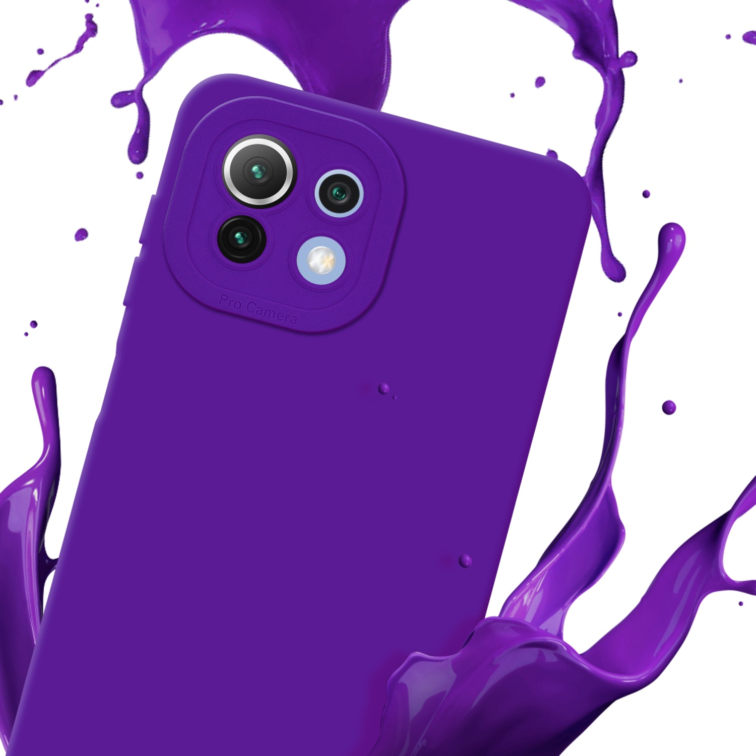 Custodia viola con tre fotocamere e schizzo viola.