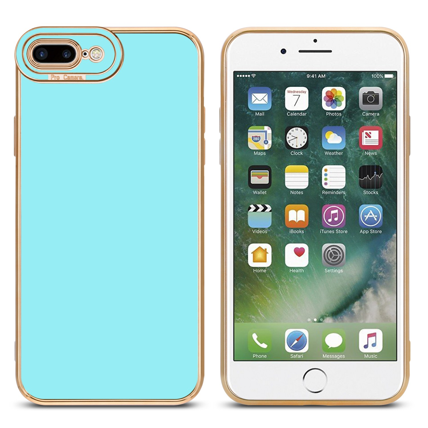 Goldumrandetes Telefon mit blauem Gehäuse und App-Symbolen auf dem Bildschirm.