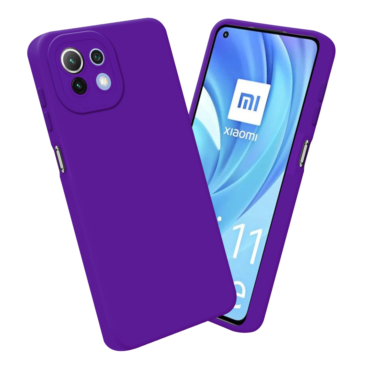 Custodia per telefono viola con telefono che mostra il logo Xiaomi e 11. Sfondo bianco.