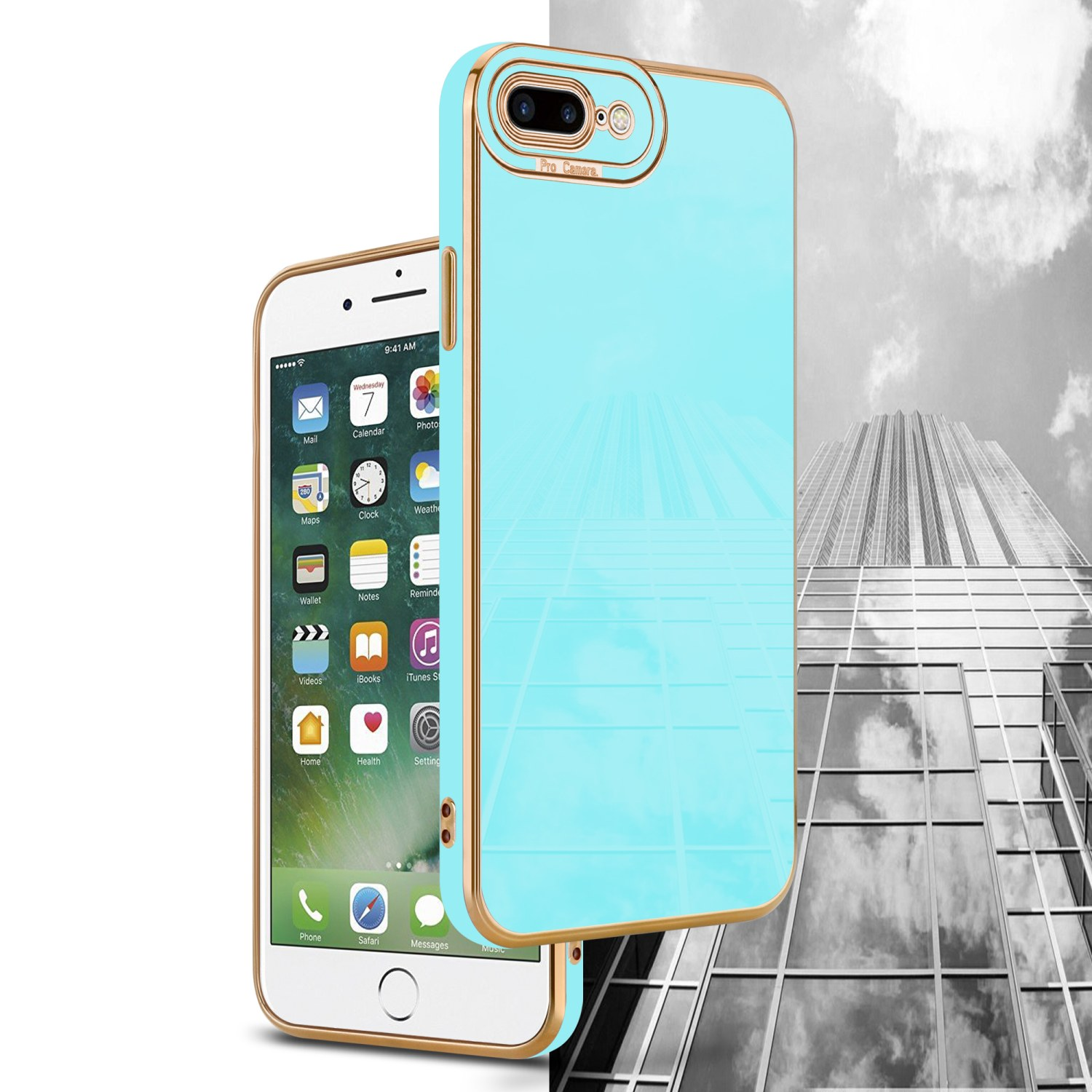 Ein Telefon mit Goldrand und hellblauer Hülle, neben einem Gebäude.