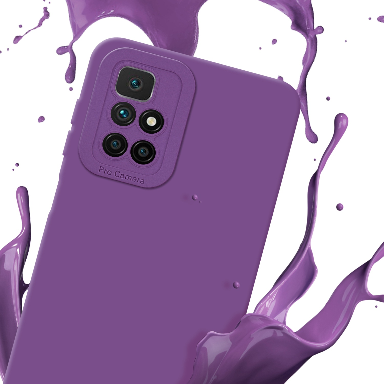 Coque de téléphone violette avec détail caméra. Éclaboussure de peinture violette sur fond blanc.