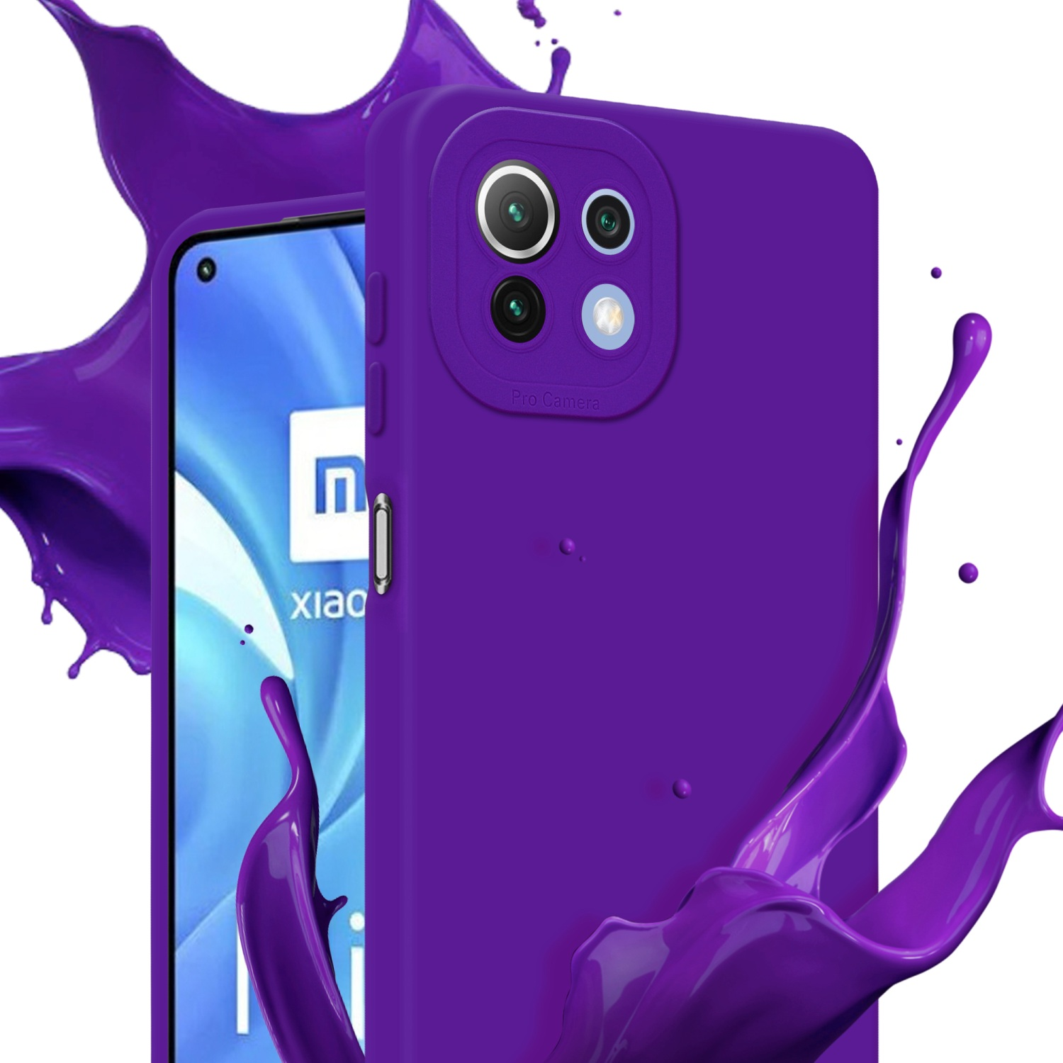 Una custodia per telefono viola con un ritaglio per la fotocamera è spruzzata di vernice viola su sfondo bianco.