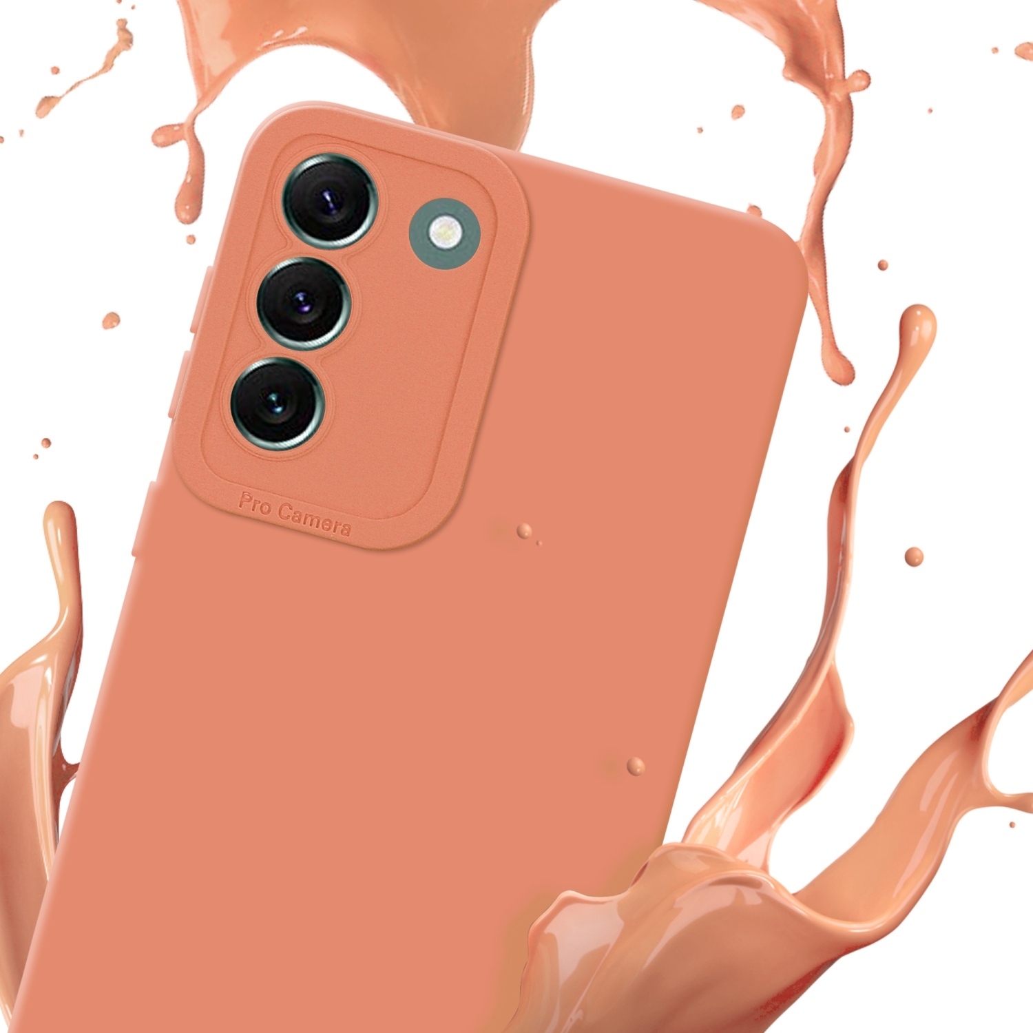 Una custodia color pesca con un modulo fotocamera, con un effetto splash di liquido color pesca su sfondo bianco.