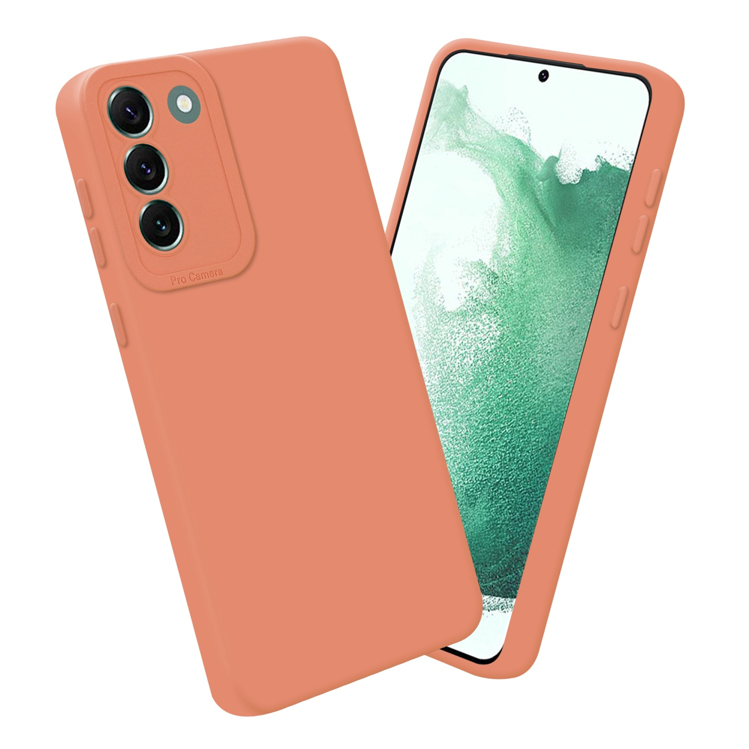Custodia per telefono color pesca con telefono. Pro Camera con più obiettivi visibili.