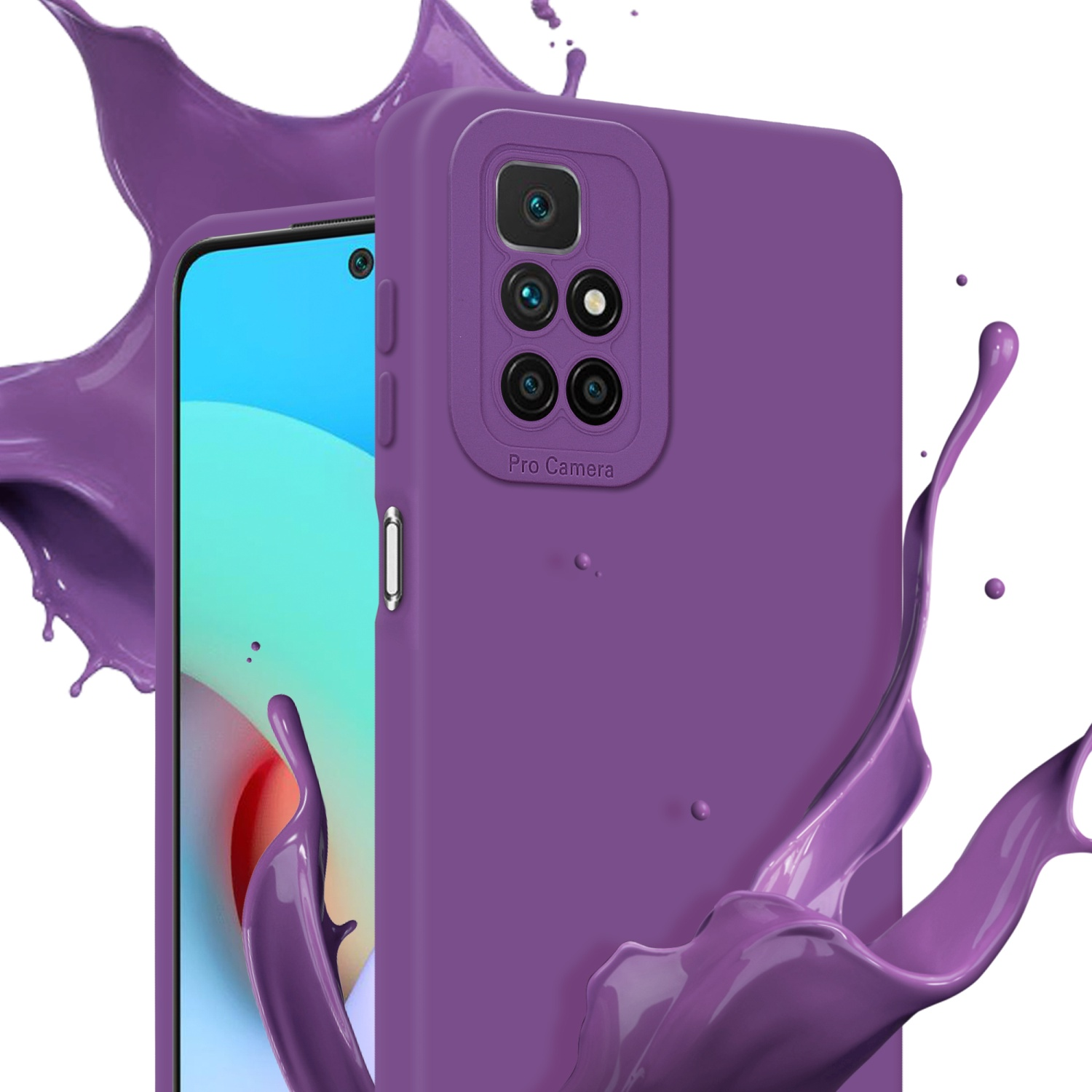 Un téléphone violet avec une coque, avec un effet d'éclaboussure de peinture violette. L'écran est bleu.