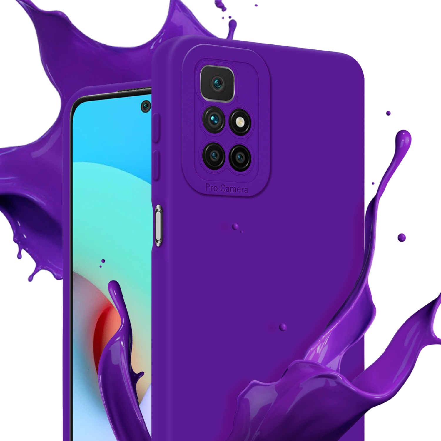 Eine lila Handyhülle schützt ein Telefon. Lila Farbspritzer sind im Hintergrund.