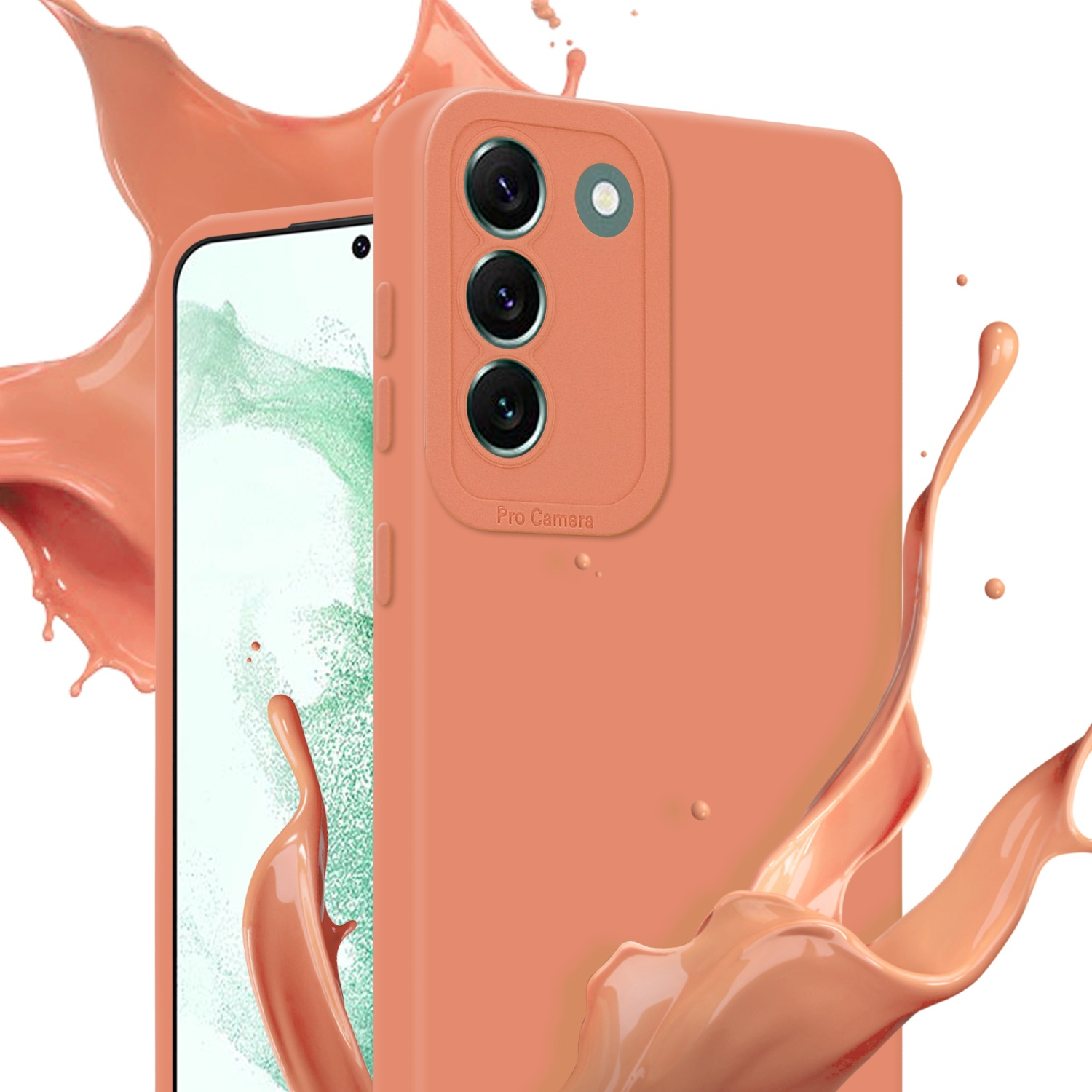 Custodia per telefono color pesca con tre fotocamere. Schizzo di vernice color pesca su sfondo bianco.