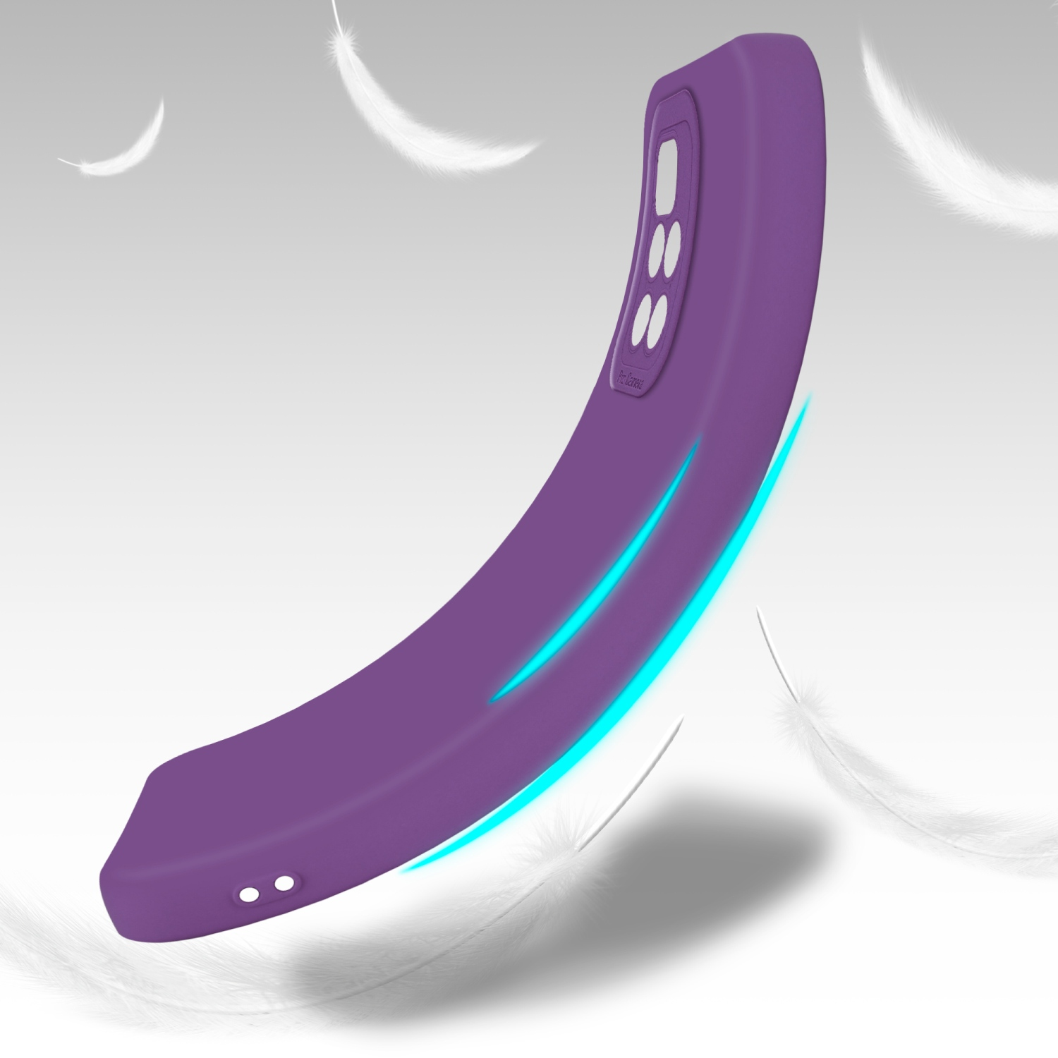 Coque de téléphone violette de forme incurvée avec des plumes en arrière-plan, fond blanc.