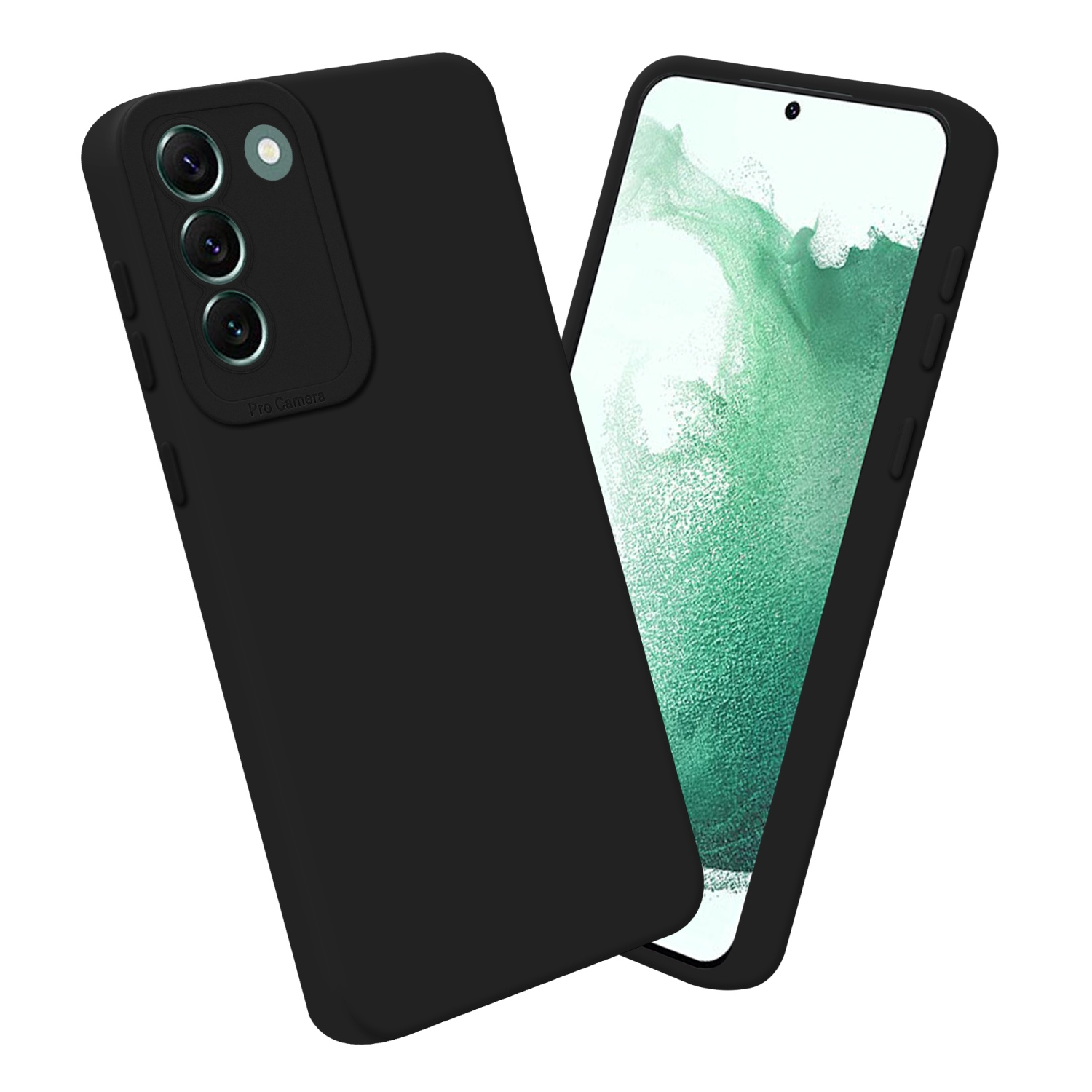 Custodia nera per telefono accanto a un telefono con schermo. La custodia ha ritagli per fotocamera.
