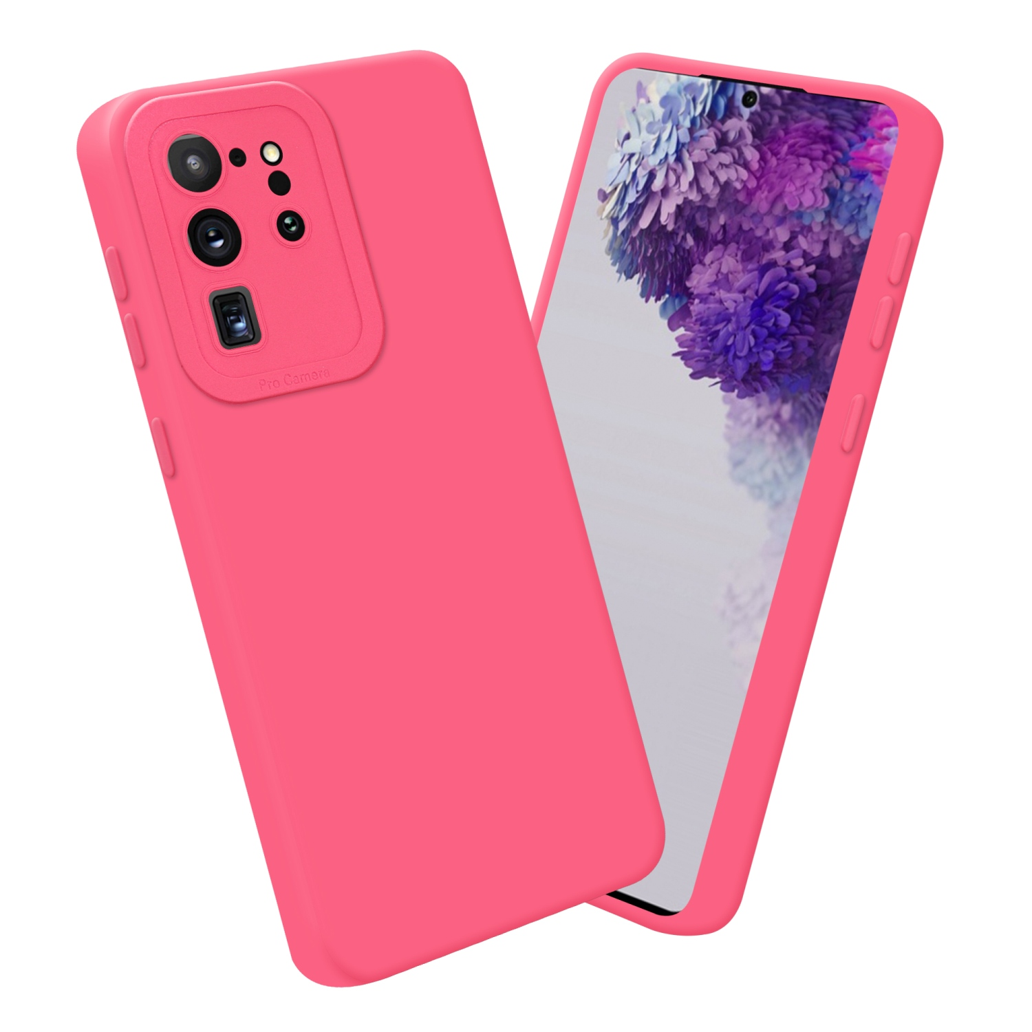 Due custodie per telefono rosa con schermo visibile. La custodia a sinistra ha la fotocamera.