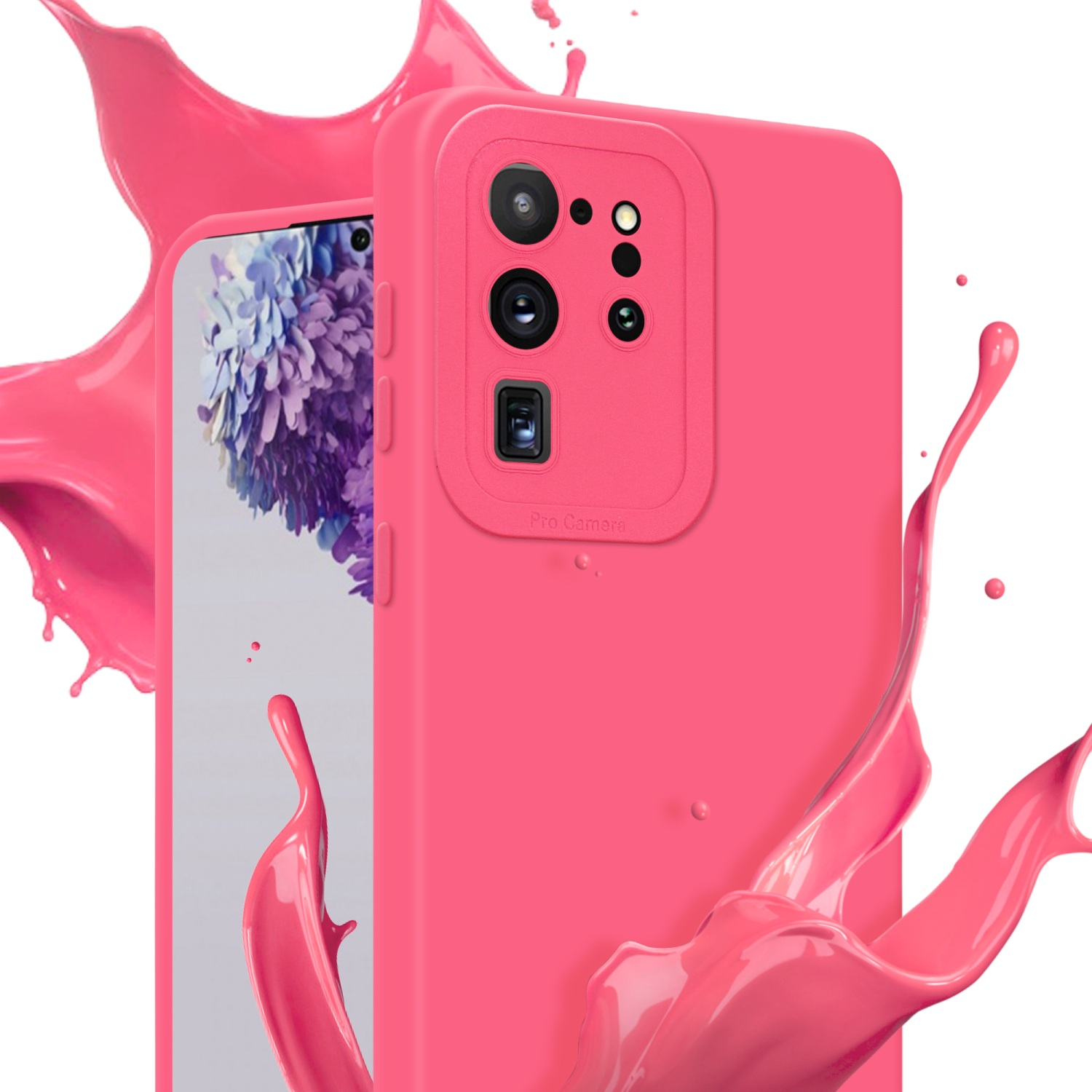 Una custodia per telefono rosa con un ritaglio per la fotocamera, spruzzata di vernice rosa. Un telefono sullo sfondo.