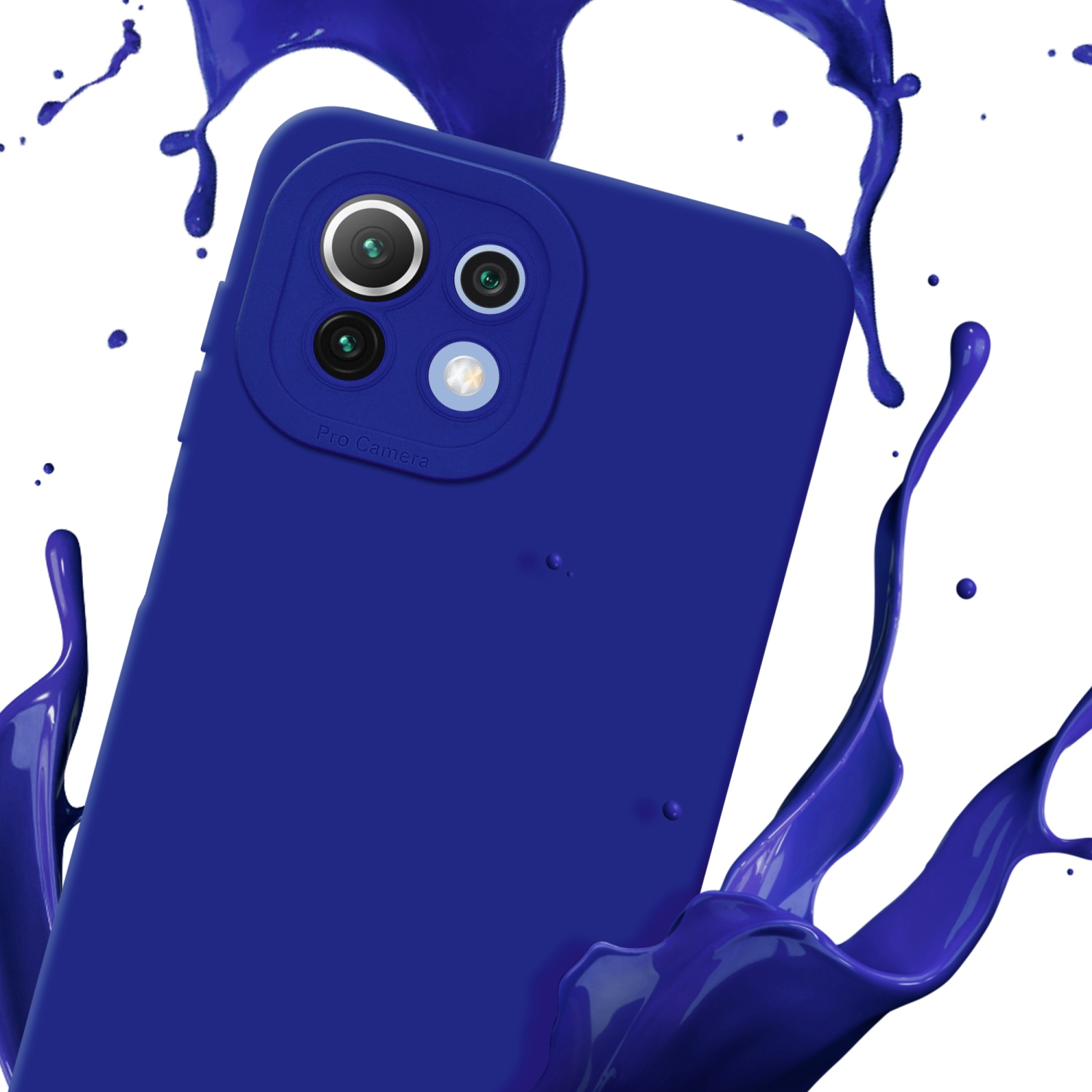 Coque de téléphone bleue avec détail de caméra. Éclaboussures de peinture violette.
