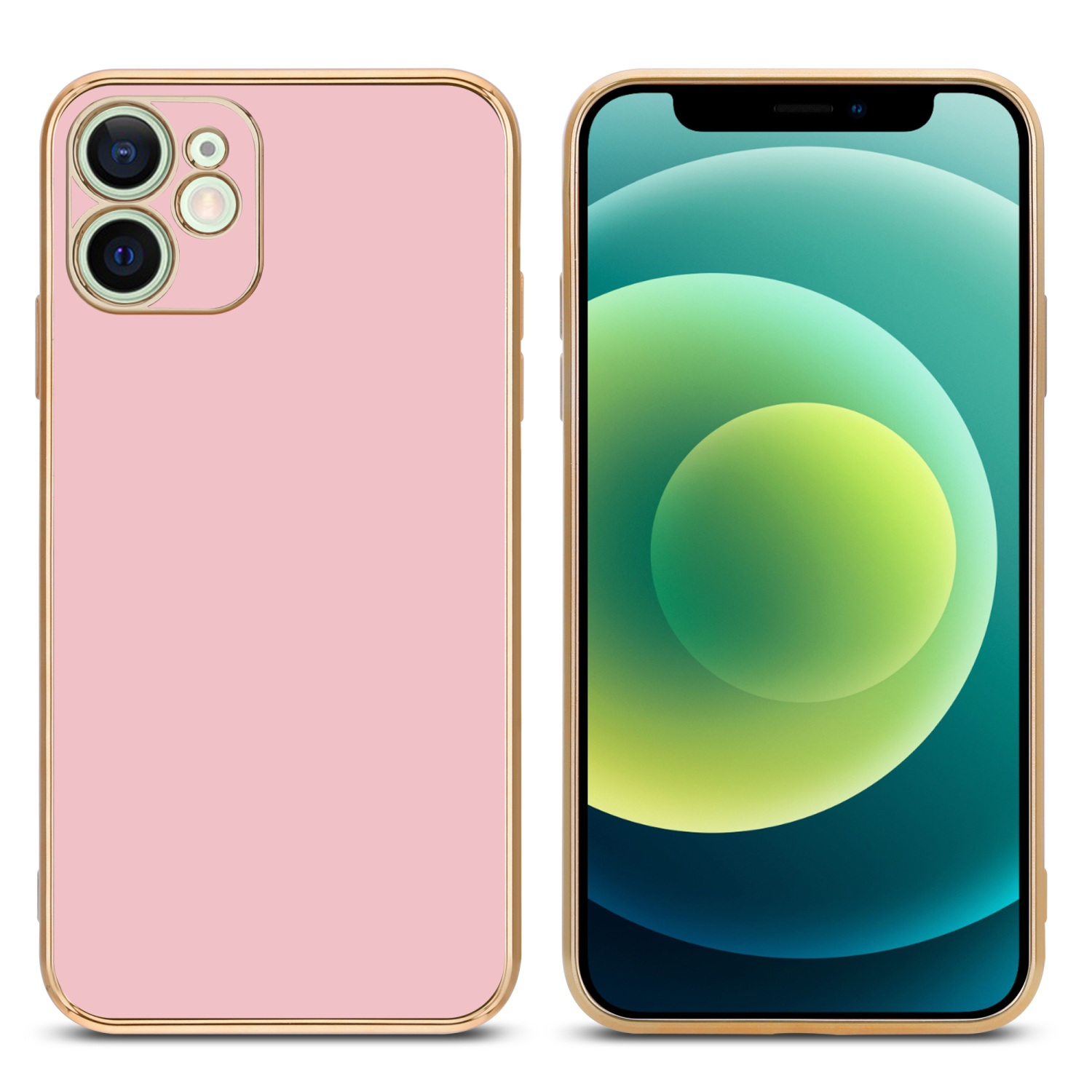Rosa Handyhülle mit Goldrand neben einem Telefon. Beide sind auf weißem Hintergrund.