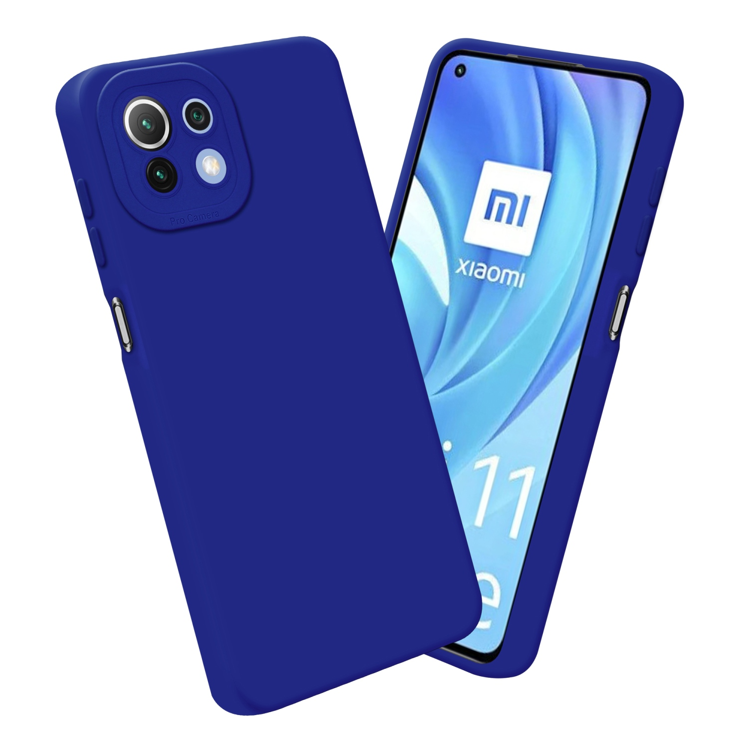 Étui de téléphone bleu avec bosse pour appareil photo et un téléphone. L'écran du téléphone affiche le logo et le texte Xiaomi.