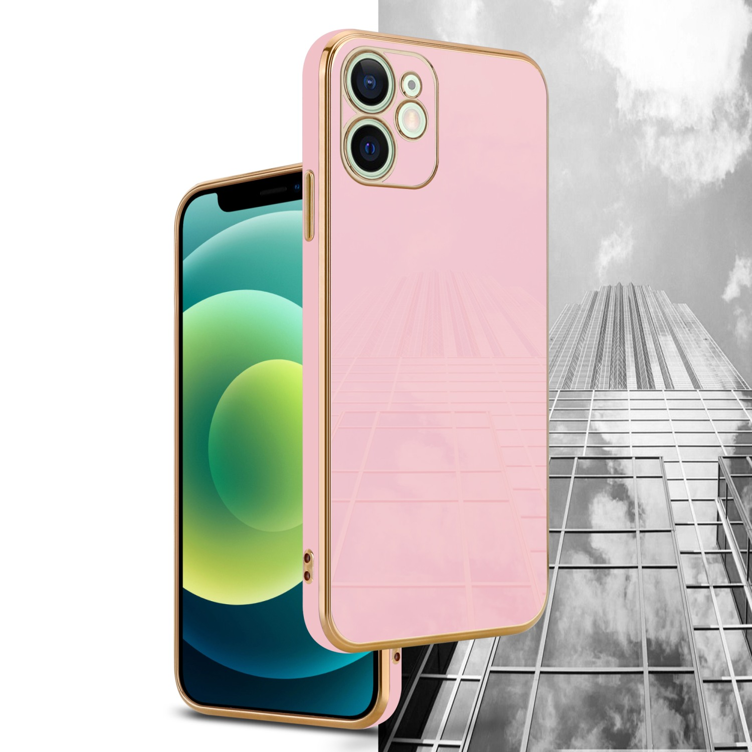 Rosa Handyhülle mit Goldrahmen neben einem Telefon. Der Hintergrund ist ein Gebäude.