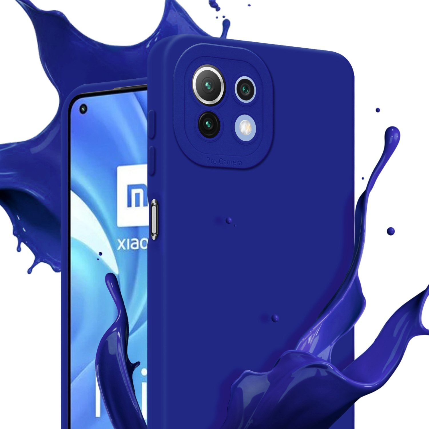 Coque bleue avec téléphone inséré. Téléphone double caméra. Éclaboussure bleue.