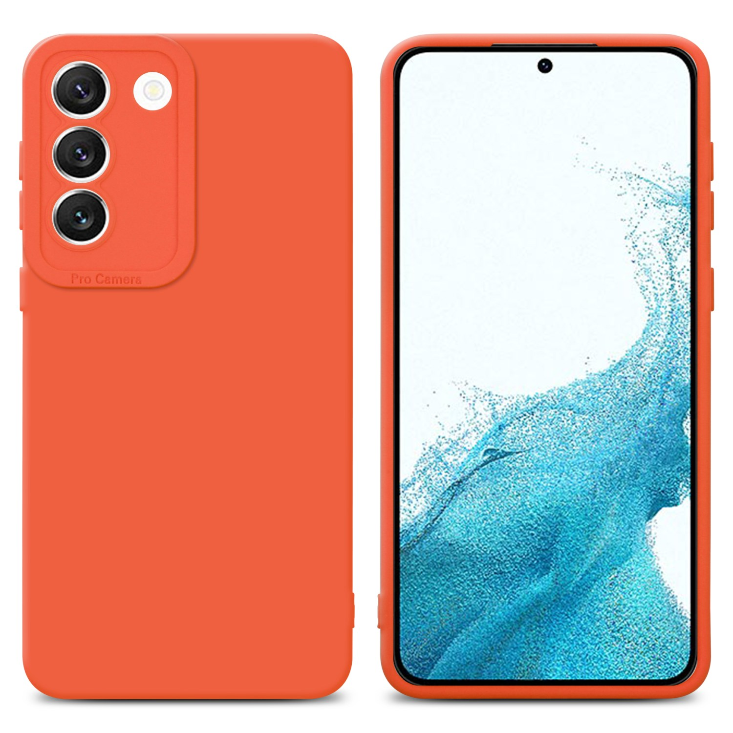 Orangefarbene Handyhülle mit Kameraschutz. Das Telefon befindet sich auf der rechten Seite mit weißem Bildschirm.