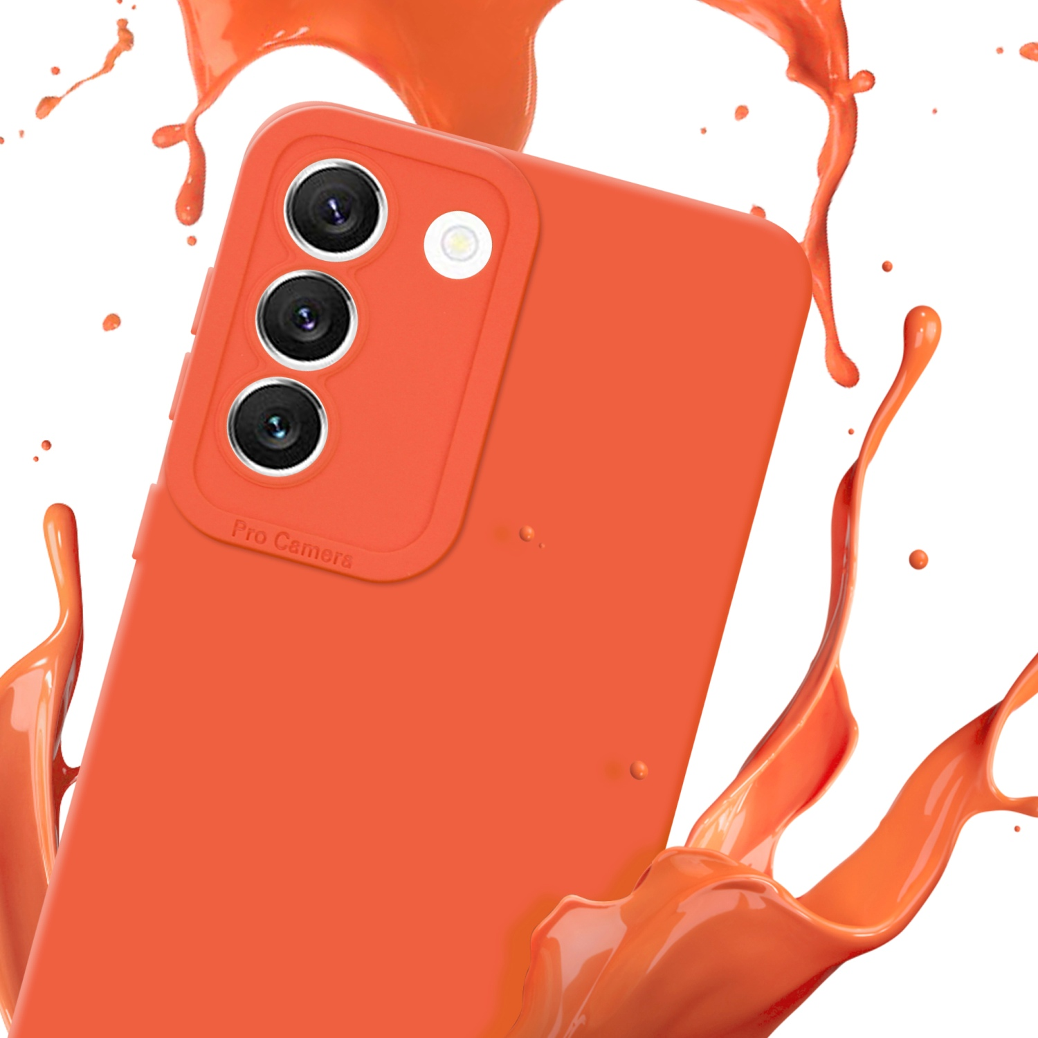 Eine orangefarbene Handyhülle mit drei Kameras, mit einem orangefarbenen Farbspritzer auf weißem Hintergrund.