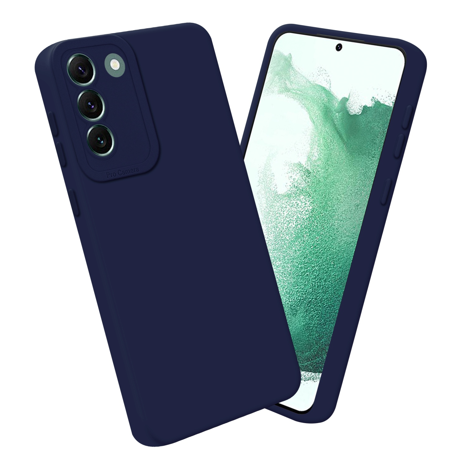 Custodia e telefono blu navy, schermo bianco mostrato.