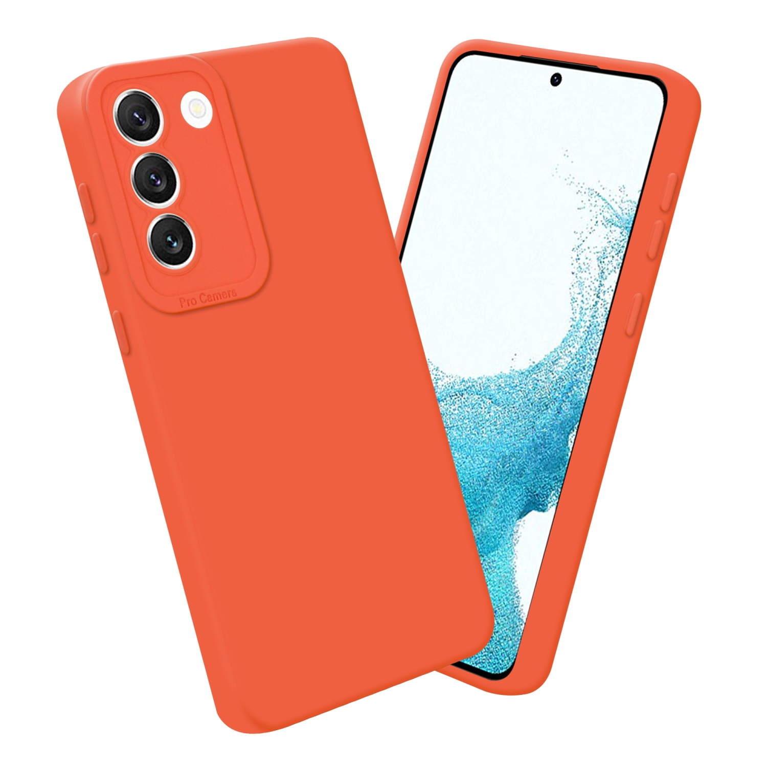 Orangefarbene Handyhülle. Telefonbildschirm sichtbar. Andere Handyhülle an der Seite. Weißer Hintergrund.