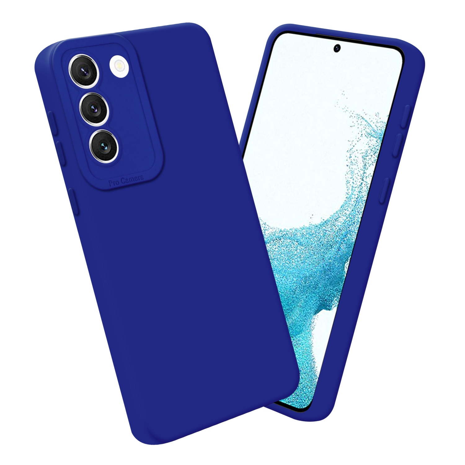 Coque bleue et téléphone avec caméra visible. Fond blanc.
