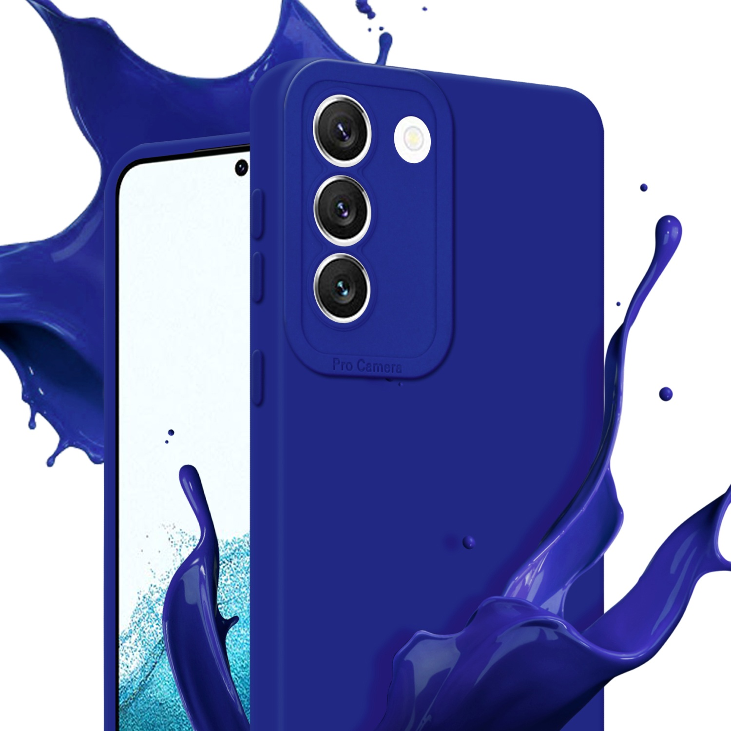Téléphone bleu avec coque bleue et éclaboussure de peinture bleue. L'écran blanc est allumé.