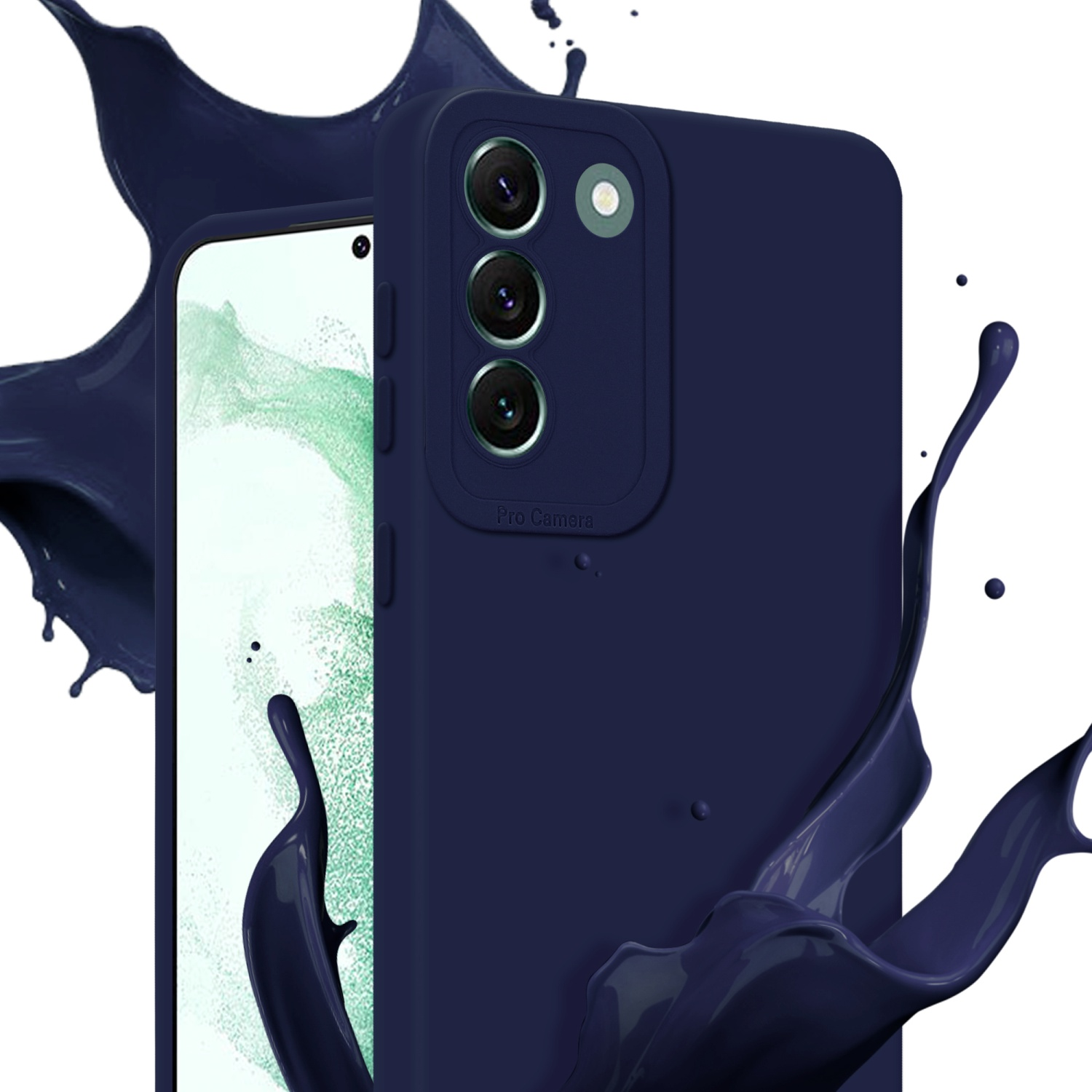 Un telefono e una custodia blu navy. La custodia ha una fotocamera professionale e spruzzi di vernice blu navy.