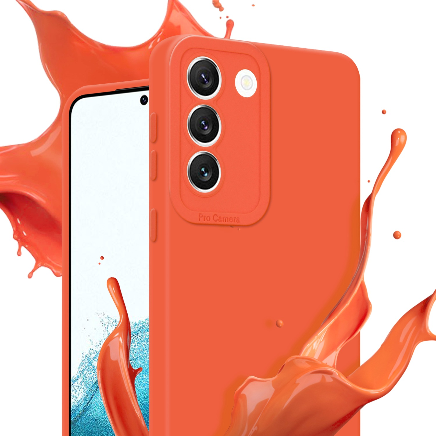 Eine orangefarbene Handyhülle mit drei Kameralinsen, im Hintergrund ein Spritzer orangefarbener Farbe.