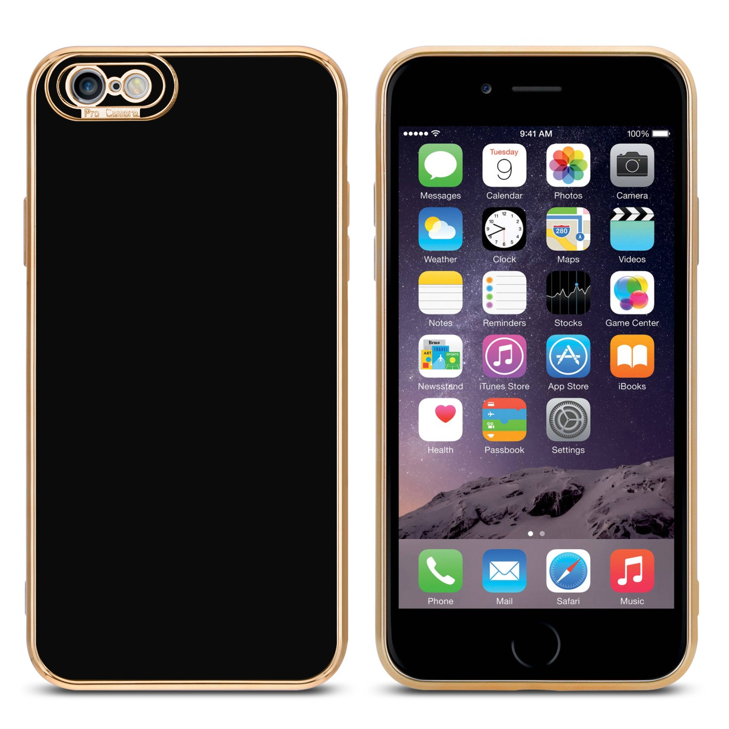 Eine schwarze Handyhülle und ein Telefon mit goldenem Rand. Telefon zeigt App-Symbole. Hülle hat goldenen Kameraring.