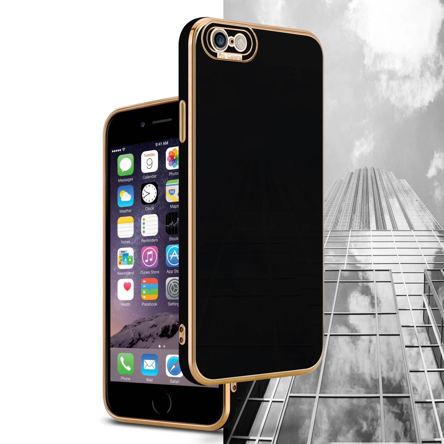 Schwarzes iPhone mit goldener Hülle, neben einem anderen Telefon mit Gebäude im Hintergrund.
