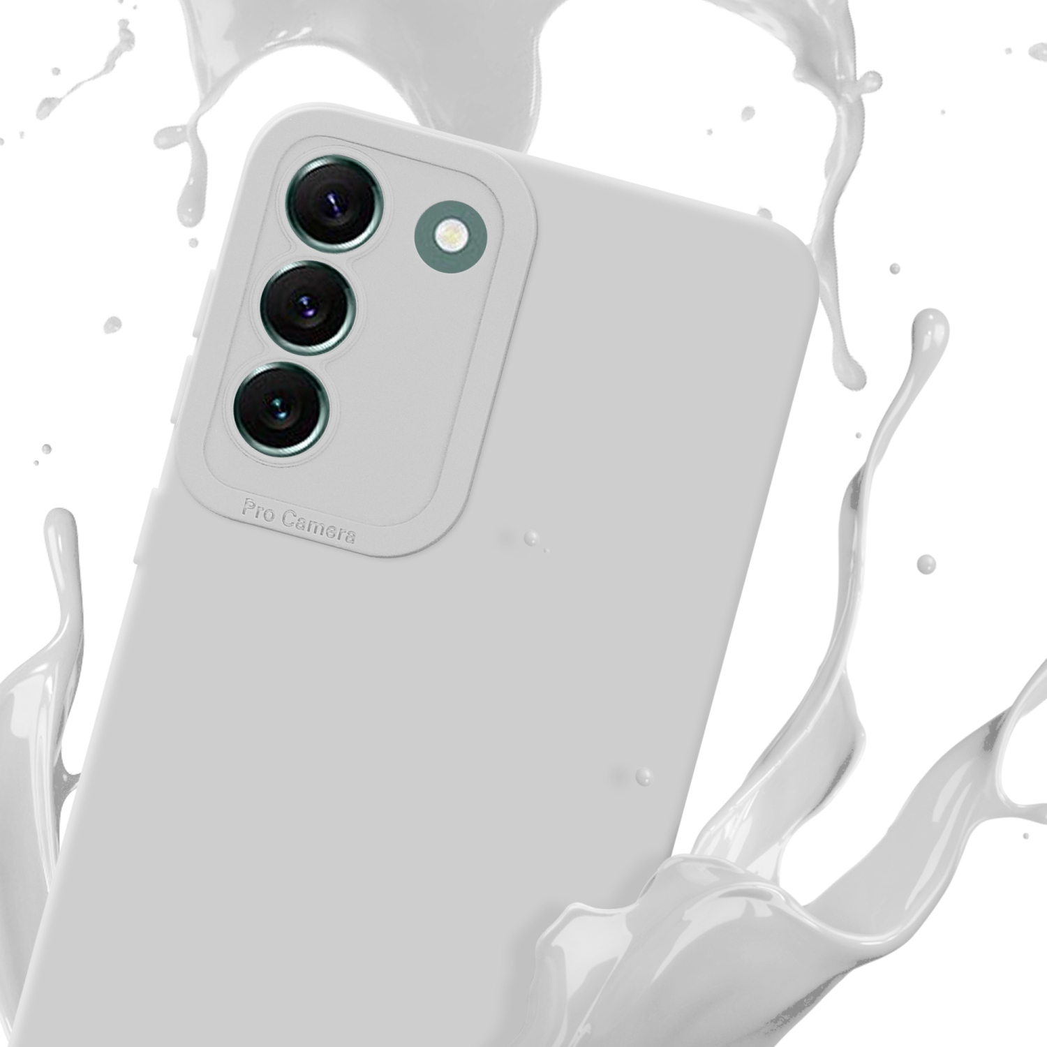 Una custodia per telefono bianca con un rialzo per la fotocamera è circondata da schizzi di vernice bianca. Testo Pro Camera visibile.