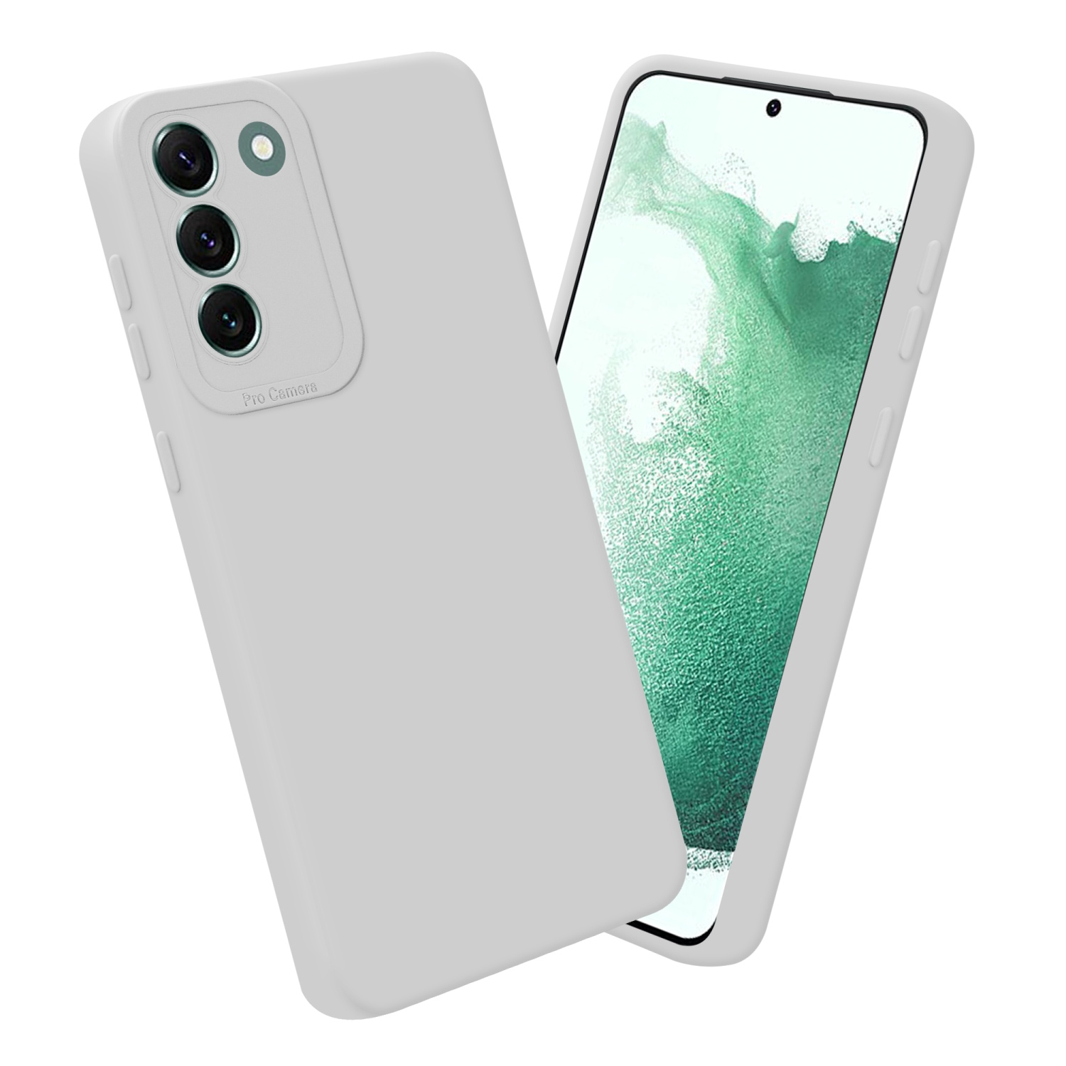 Due custodie bianche per telefono, una con un telefono all'interno. Le custodie hanno un ritaglio per la fotocamera e sono leggermente angolate.