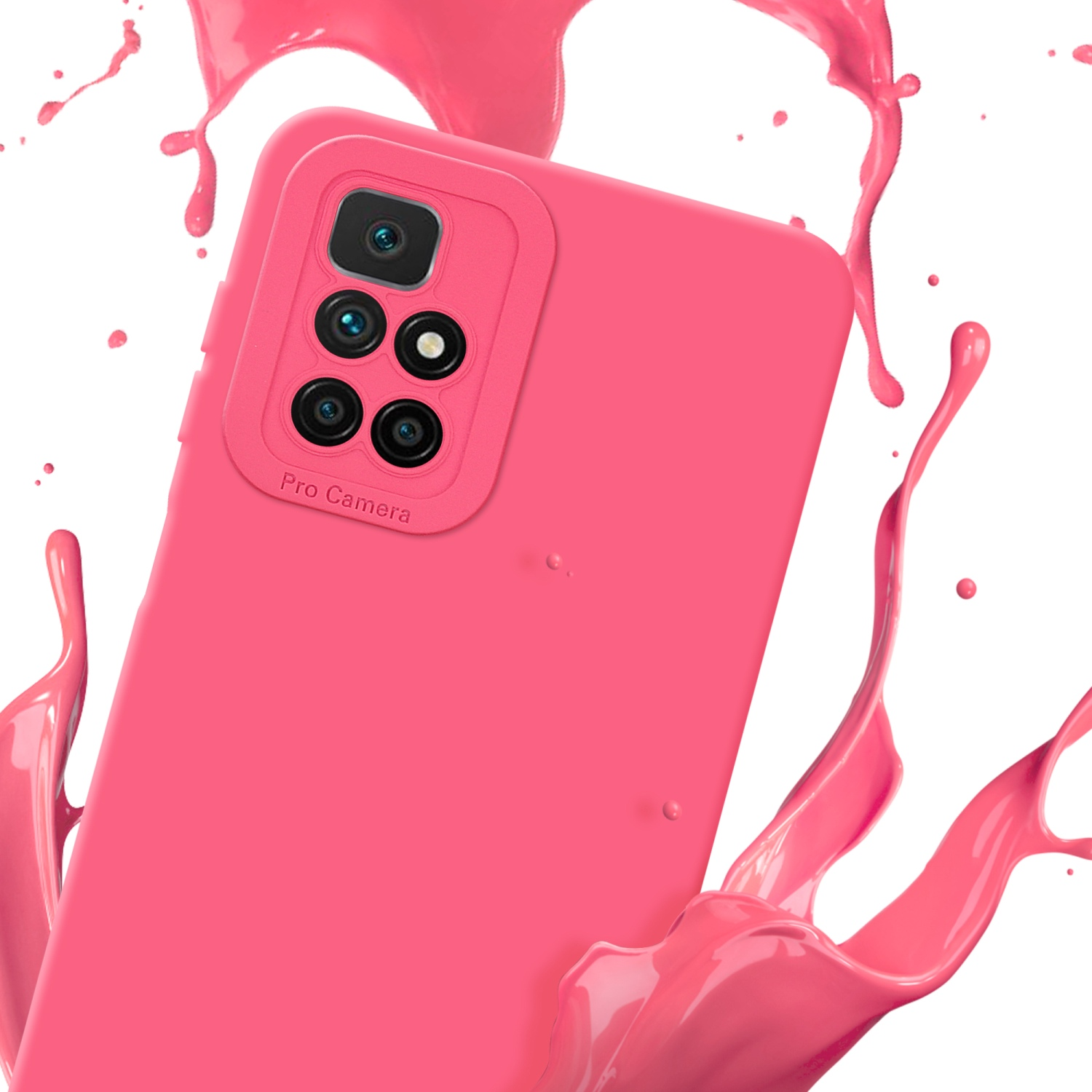 Une coque de téléphone rose avec une bosse pour la caméra, entourée d'éclaboussures de peinture rose.