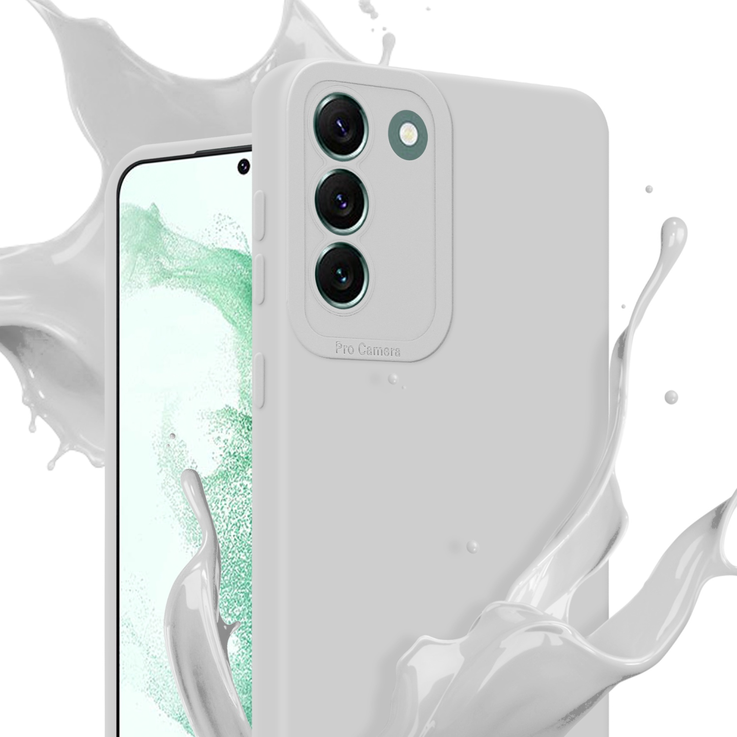 Telefono con custodia grigio chiaro, schizzi di liquido bianco. Schermo del telefono visibile.