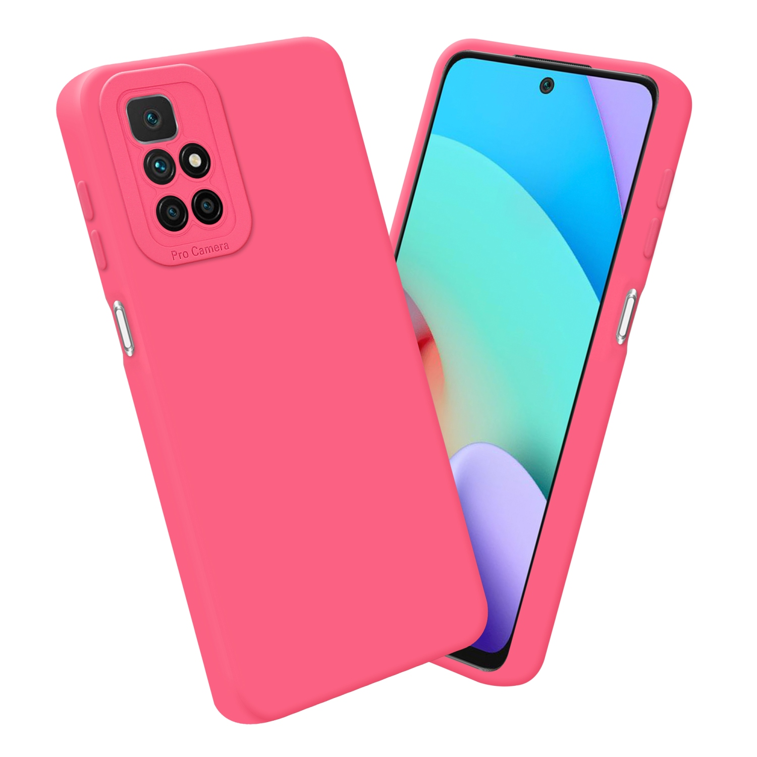 Coque rose avec un téléphone à l'intérieur. Le téléphone a trois lentilles. Pro Camera visible.