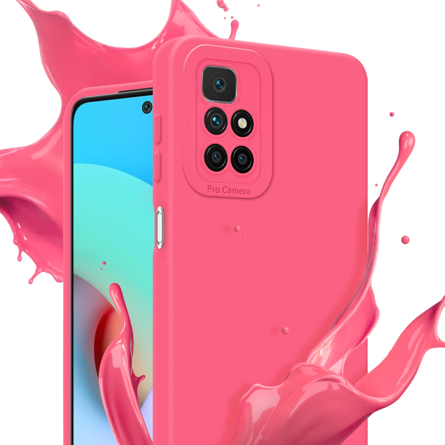 Coque de téléphone rose avec effet d'éclaboussure et téléphone. Pro Camera.