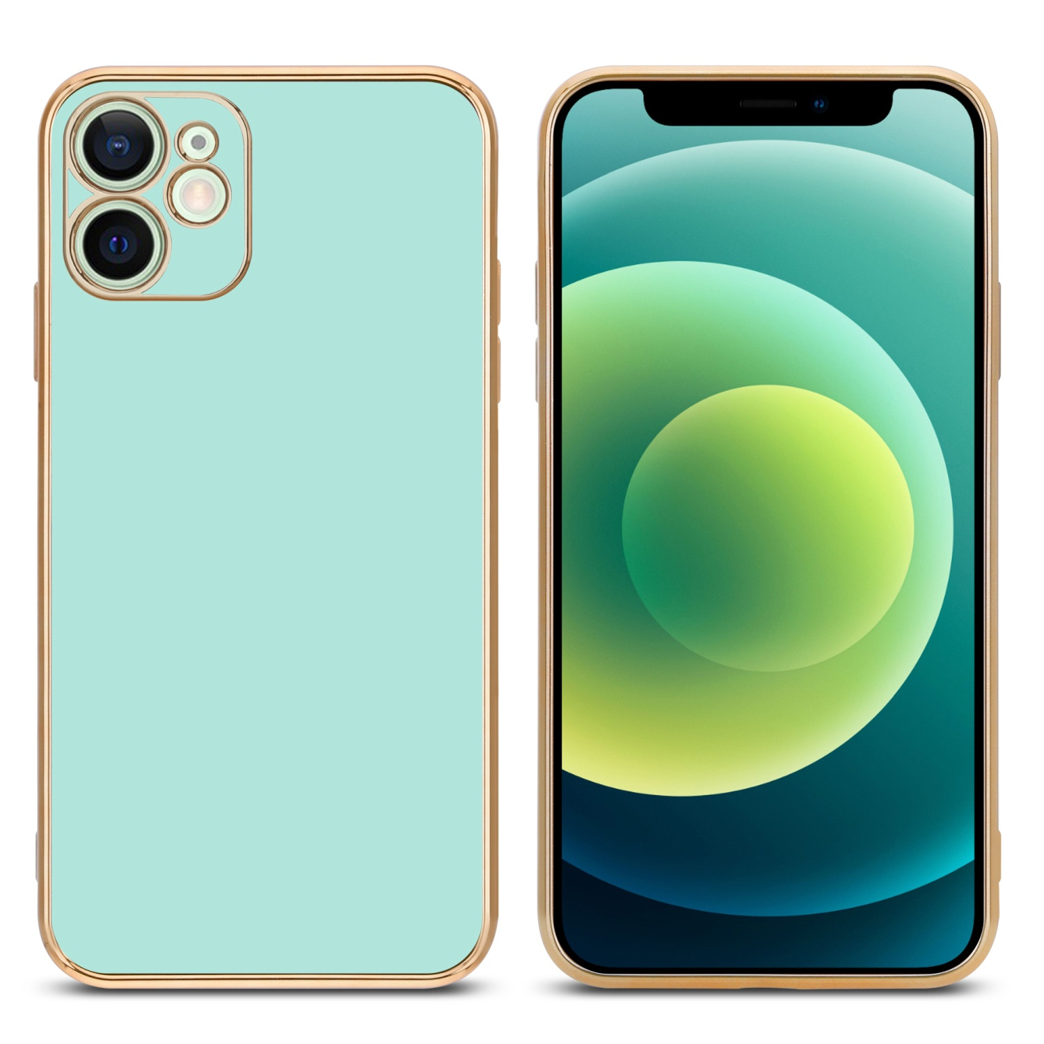 Zwei Telefone, mintgrüne Handyhülle links und Telefon rechts. Goldene Ränder.