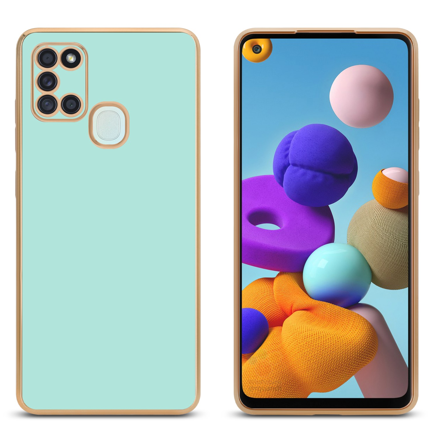Ein Telefon und eine Hülle, beide türkis mit goldenem Rand. Der Hintergrund ist ein verschwommenes Abstrakt.