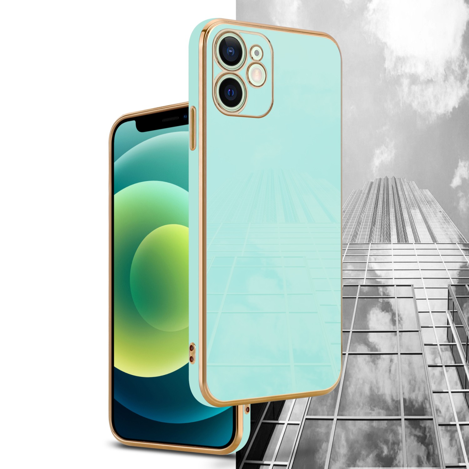Eine iPhone-Hülle, mintgrün mit goldenen Verzierungen, neben einem Telefon. Ein Stadt-Hintergrund.