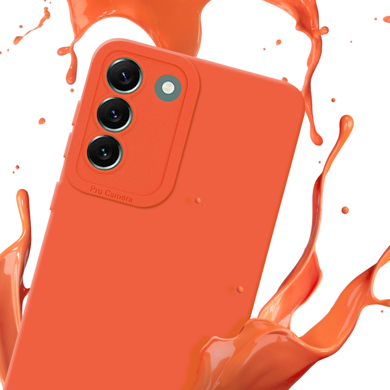 Custodia arancione per telefono con effetto splash. La custodia ha un rilievo per la fotocamera.