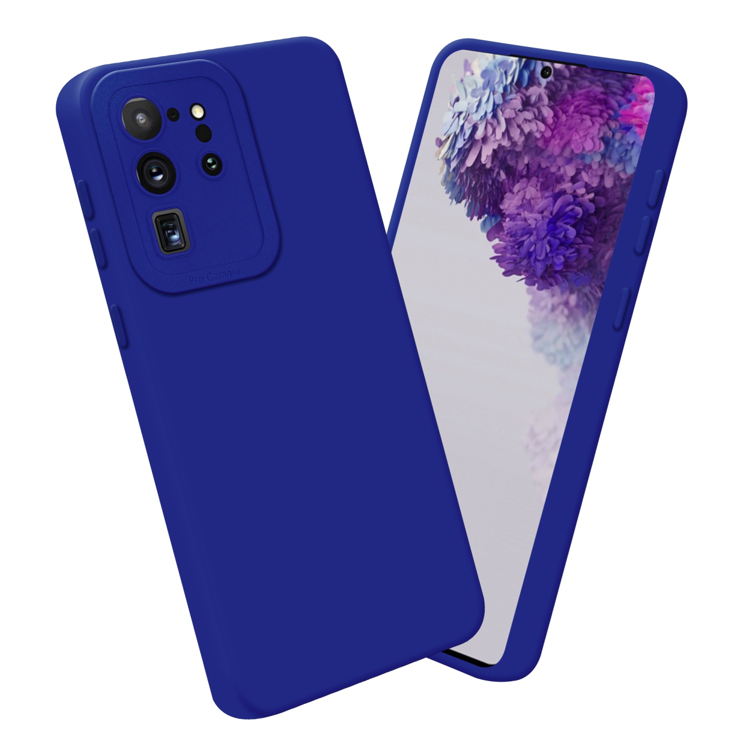 Custodia e telefono blu. Il telefono mostra un'immagine di sfondo.